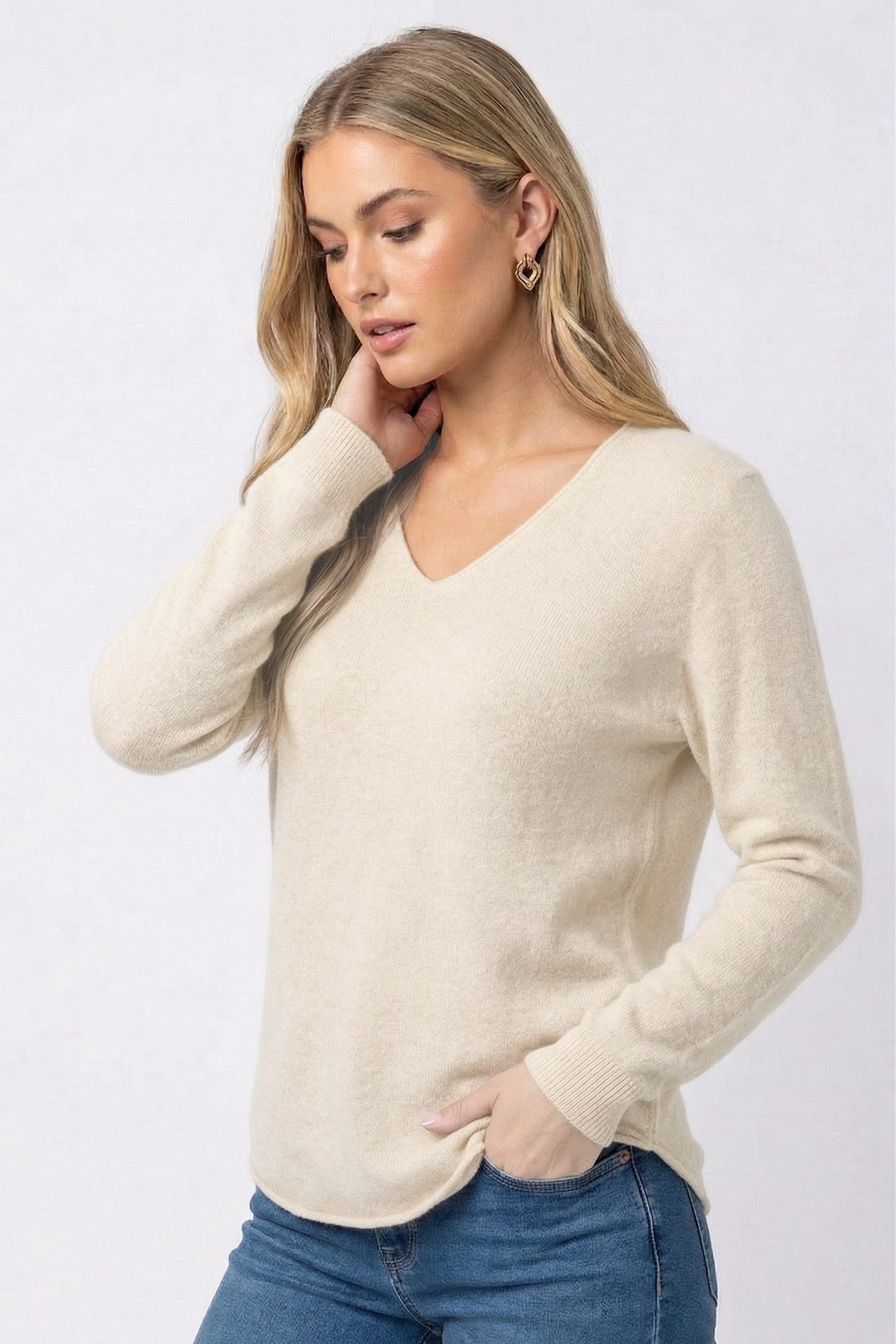 Kendindza Collection V-Ausschnitt-Pullover Damen Strickpullover V-Ausschnitt Feinstrick Basic Sweater Langarm Made in Italy - Weicher Viskose-Wolle Mix - One Size (34-36-38-40)