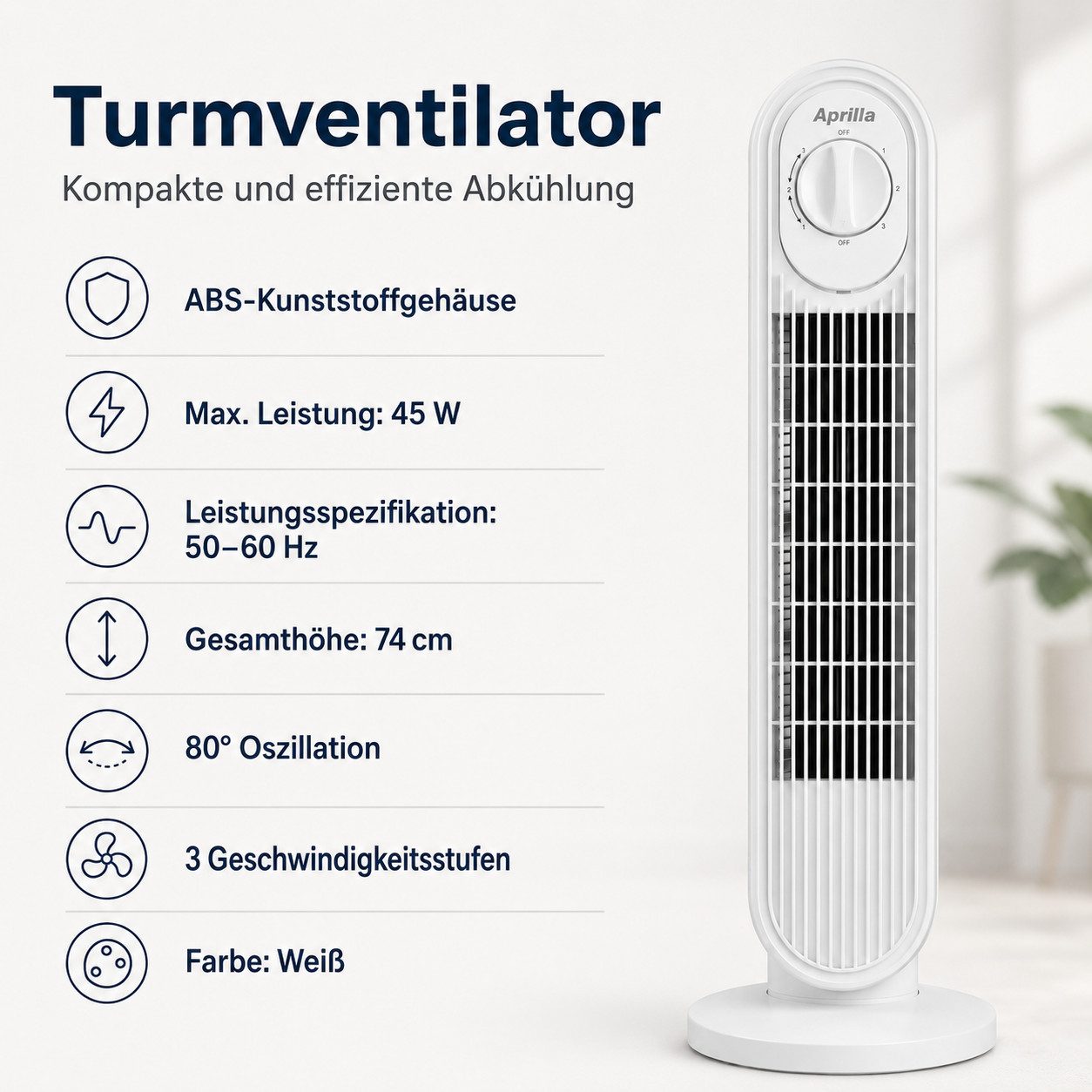 Opviq Standventilator Aprilla Kiwi - 7429, Kühlventilator mit 3 Geschwindigkeitsstufen,80° Oszillation – Bild 4 von 5