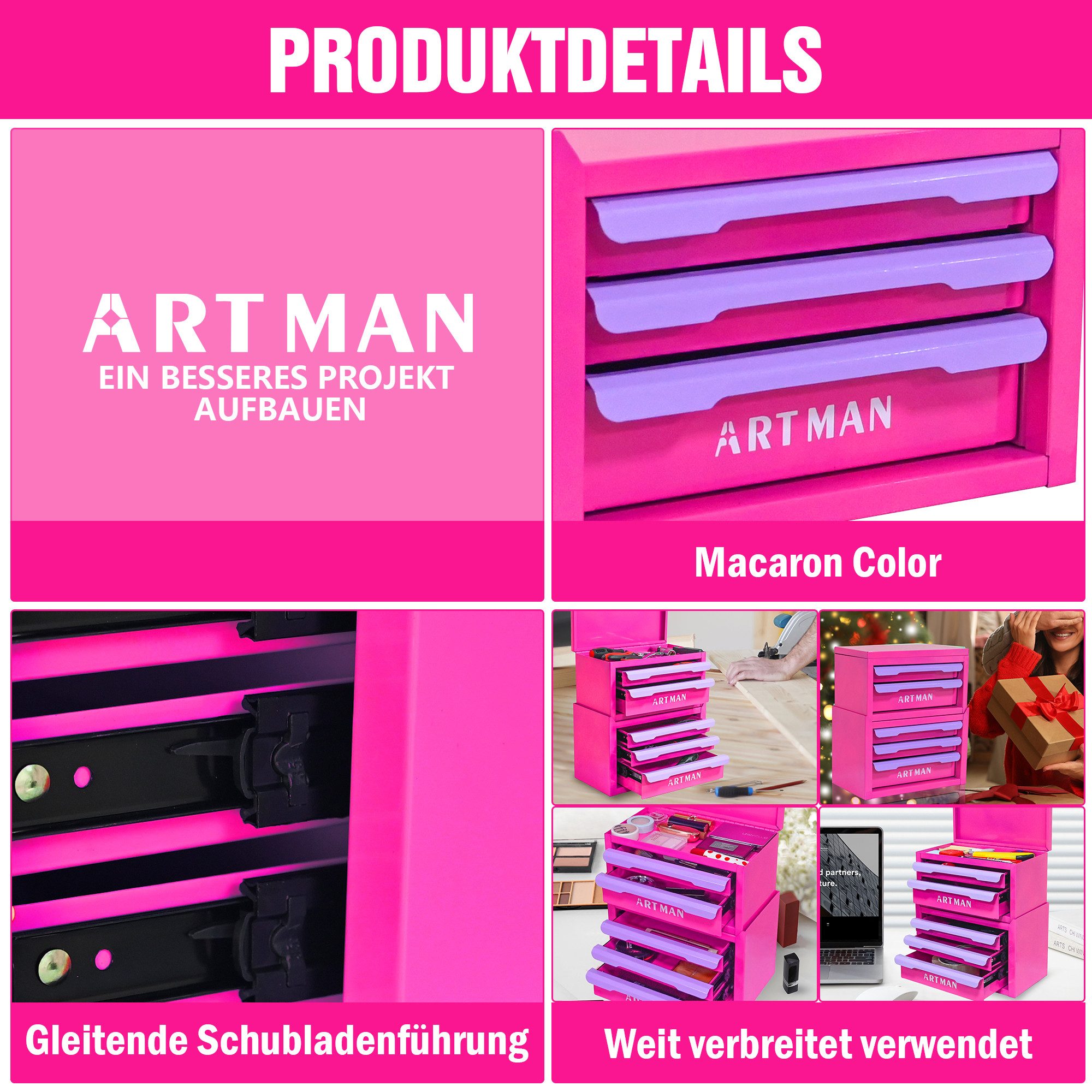 i@home Schubladenbox Schubladenschrank, Aufbewahrungsschrank, Stahl, 5 Schubladen, (2-St), stapelbare Kommode mit Metallgriffen, für Kosmetik- & Bastellager usw.