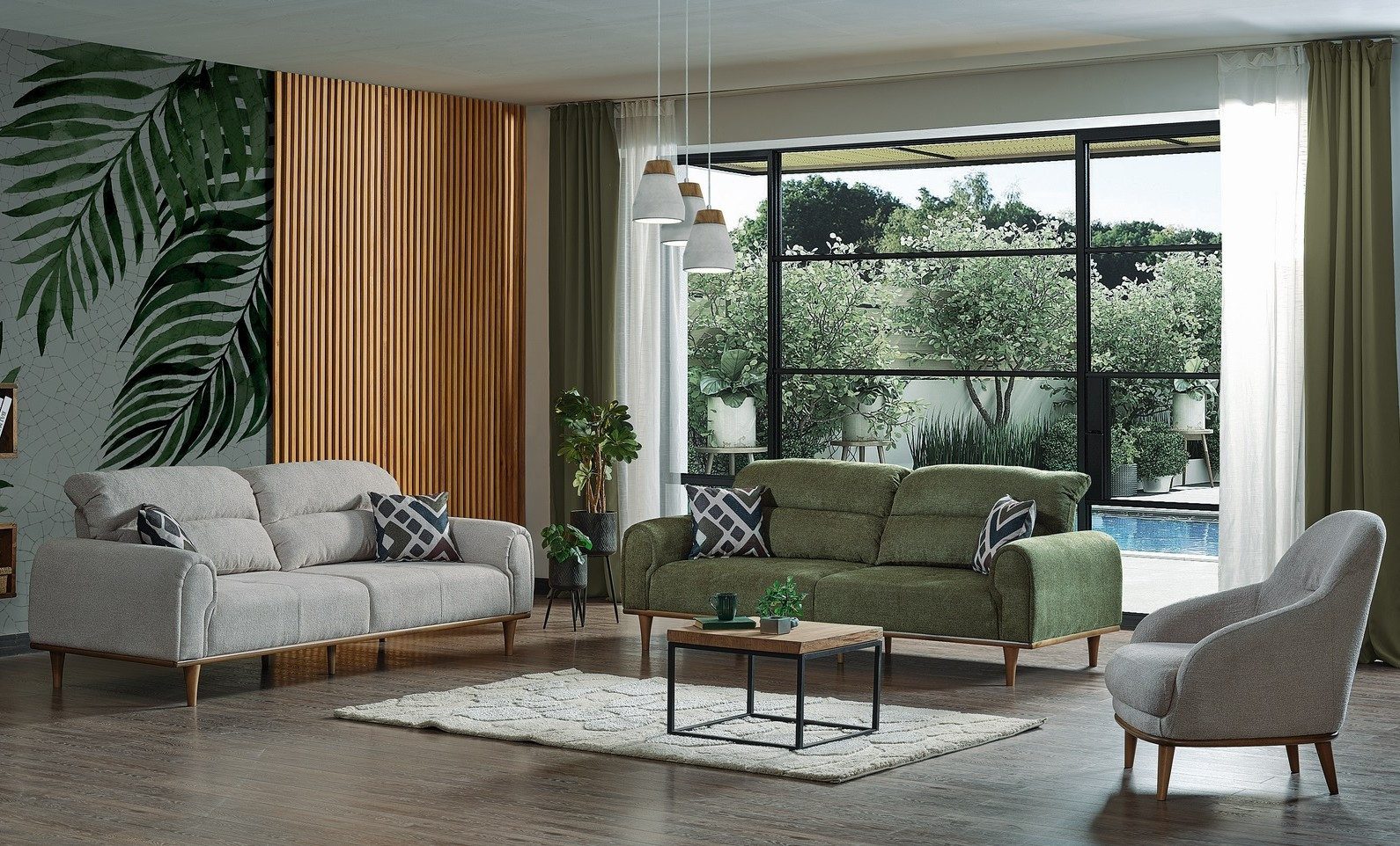 Xlmoebel Polstergarnitur Sofagarnitur 3+1+1 Sitzer Textil Wohnzimmer Set mit Holzdetails, (Sofagarnitur, 3-tlg., 3+1+1 Sitzer), Made in Europa