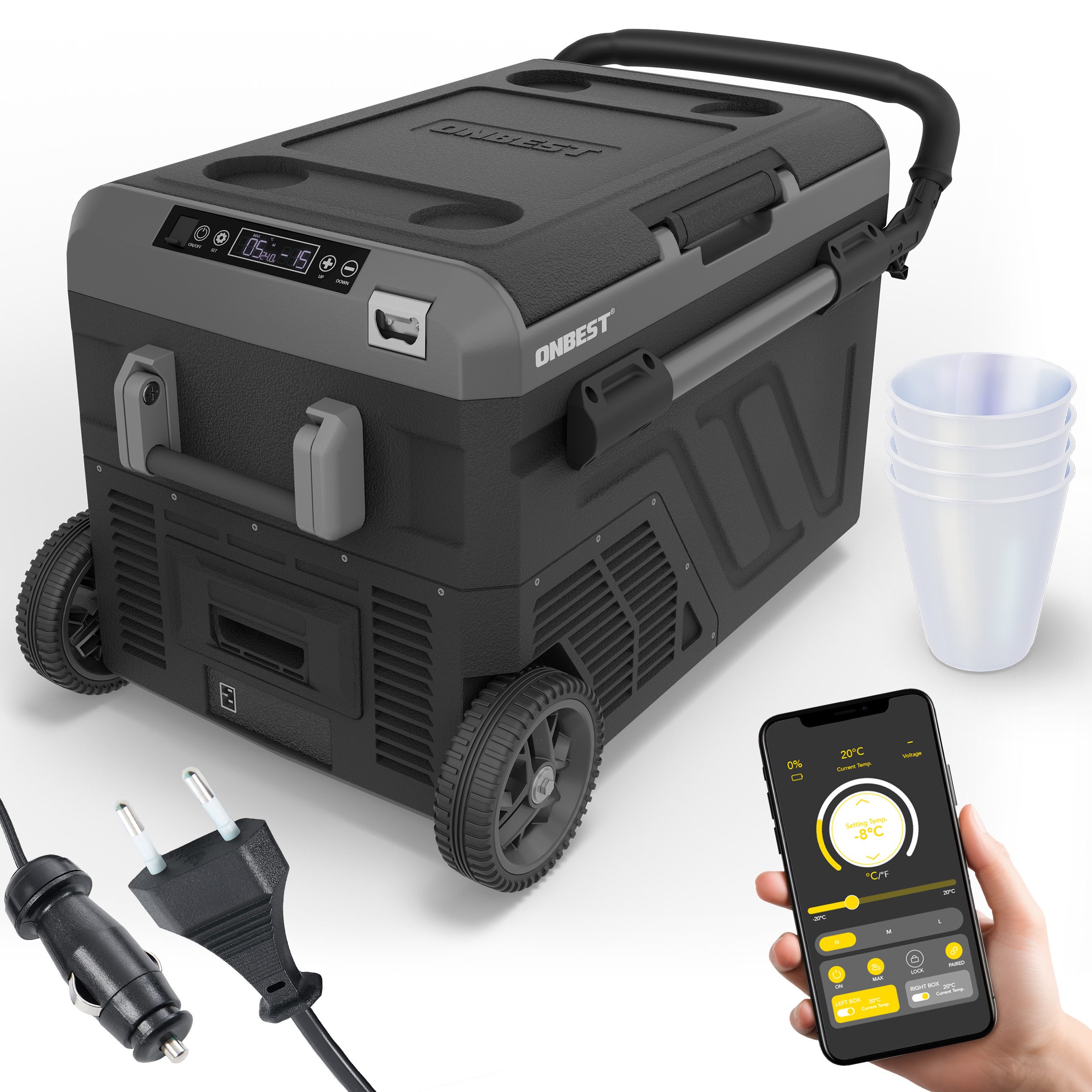 Onbest Kühlbox Kompressor inklusive 4 Trinkbecher mit APP-Steuerung