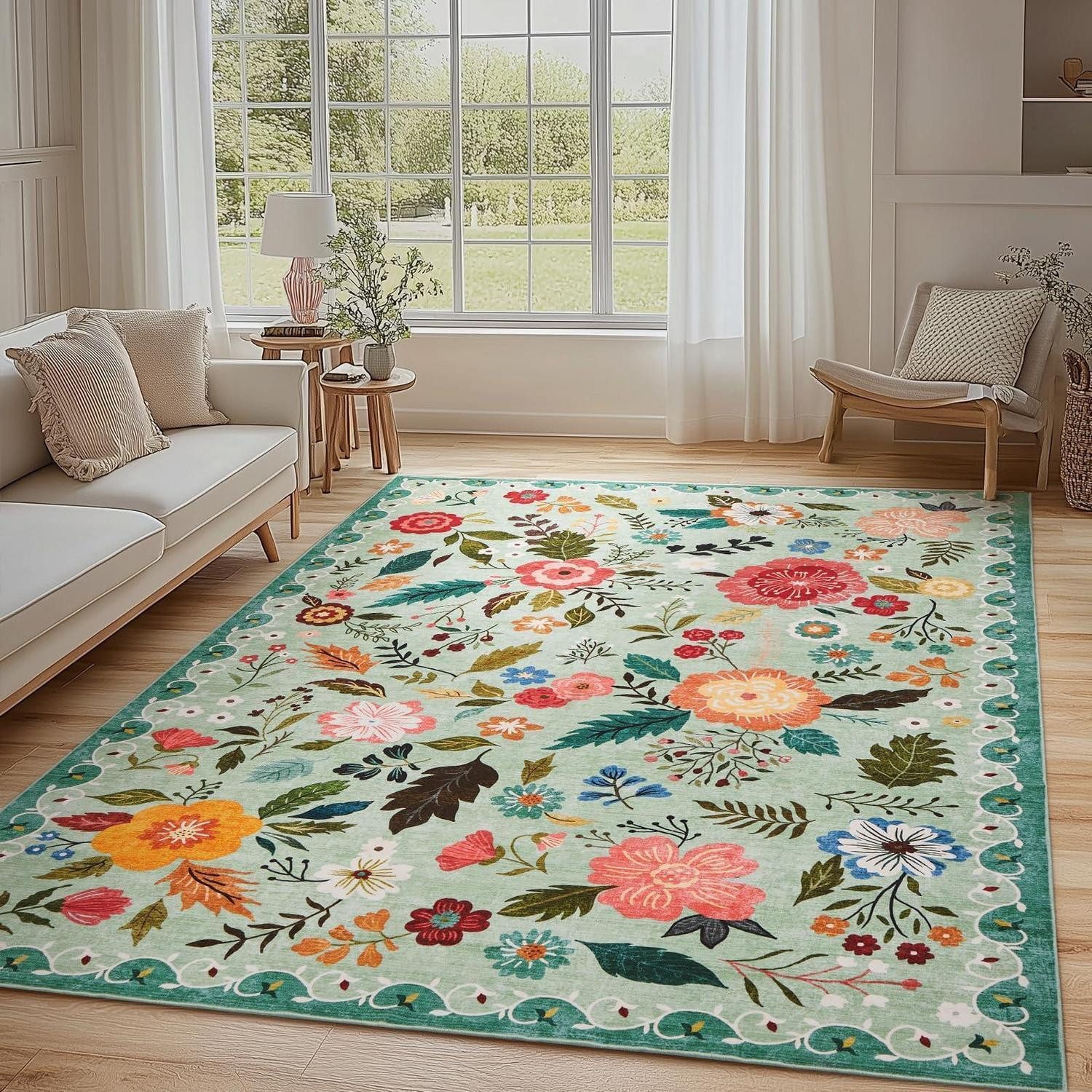 LuxusKollektion Teppich Wohnzimmerteppich Vintage Blumen Grün 140x200, rechteckig, Höhe: 6 mm