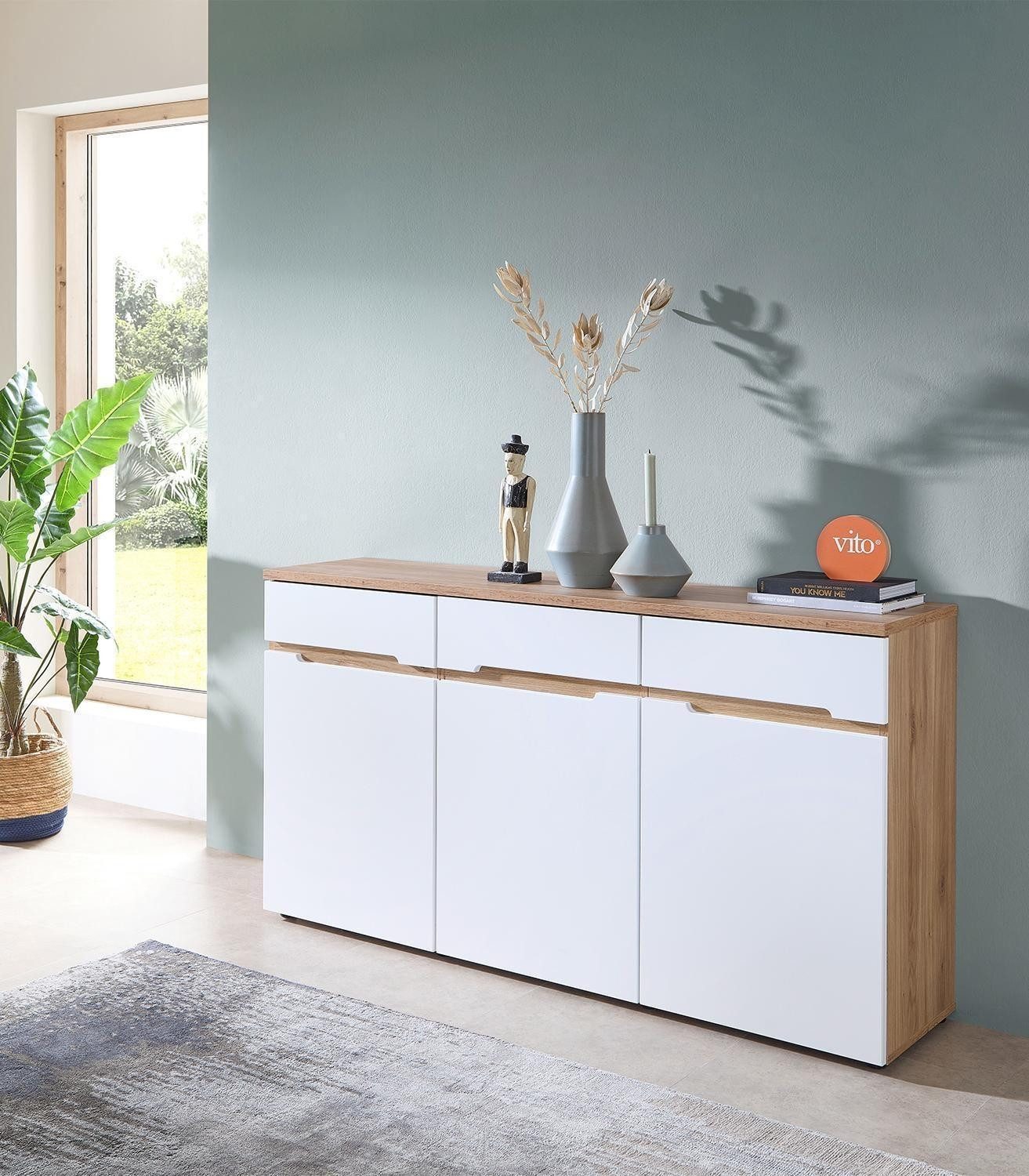 Vito Sideboard CLYDE, Mauvella Eiche Dekor, Weiß supermatt, 3 Türen, 1 Schublade, B 150 x H 82 x T 38 cm