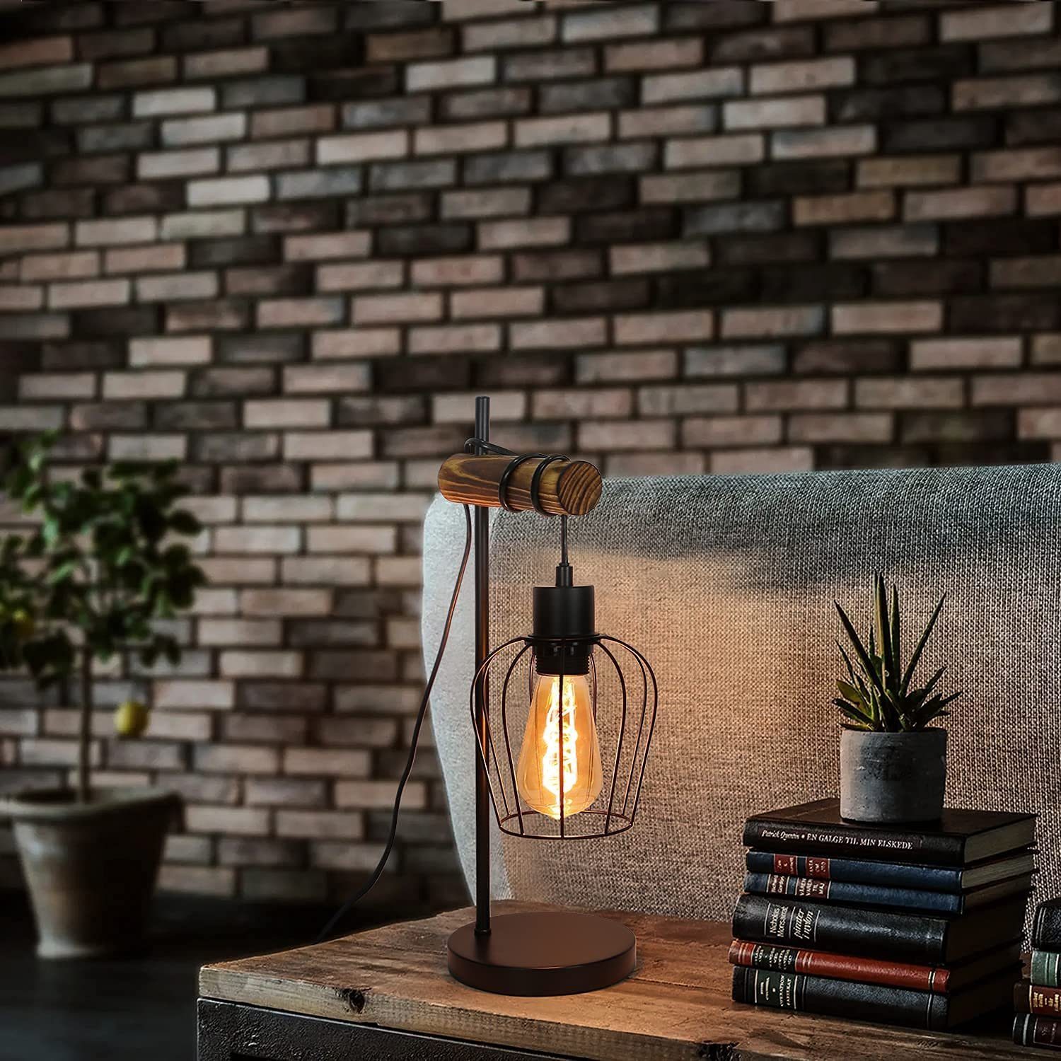 ZMH Tischleuchte Wohnzimmer Retro Schwarz-Holz Nachttischlampe Industrial Design E27, ohne Leuchtmittel, 1 Flammig Vintage Tischleuchte im Industrial Design aus – Bild 4 von 5