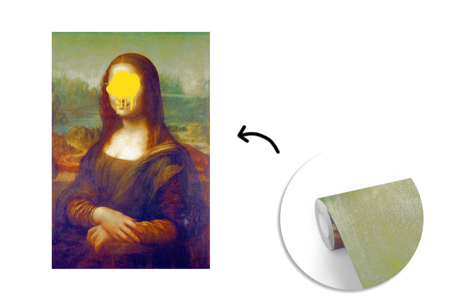 MuchoWow Fototapete Mona Lisa - - Gelb, für Vinyl Tapete Matt, Wandtapete (3 Vinci Wohnzimmer, Leonardo bedruckt, da St), Montagefertig