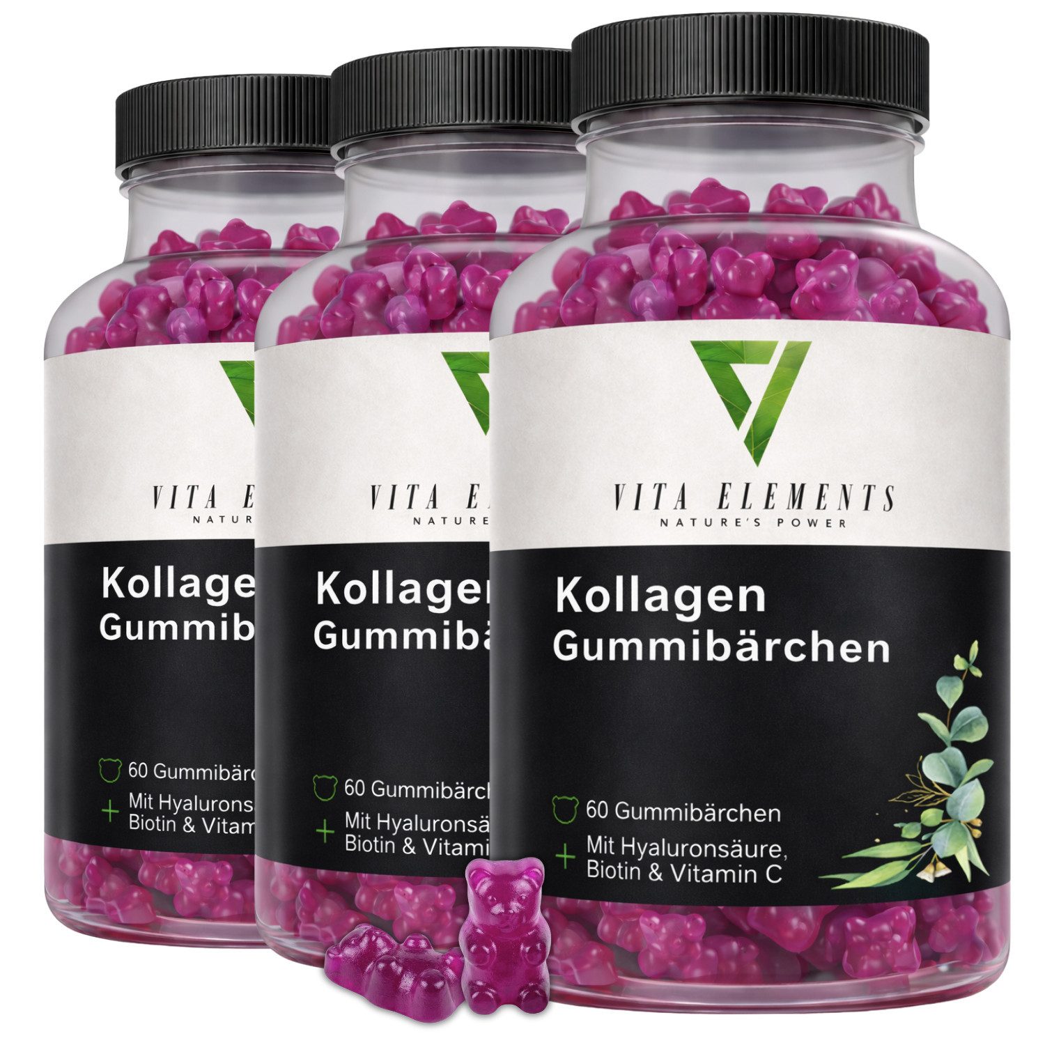 Vita Elements Kollagen Gummies - Mit Hyaluronsäure, Vitamin C & Biotin, 180 Gummibärchen, 3 er Spar-Set à 60 St., Frei von Gentechnik, Ohne unnötige Zusätze und Laborgeprüft