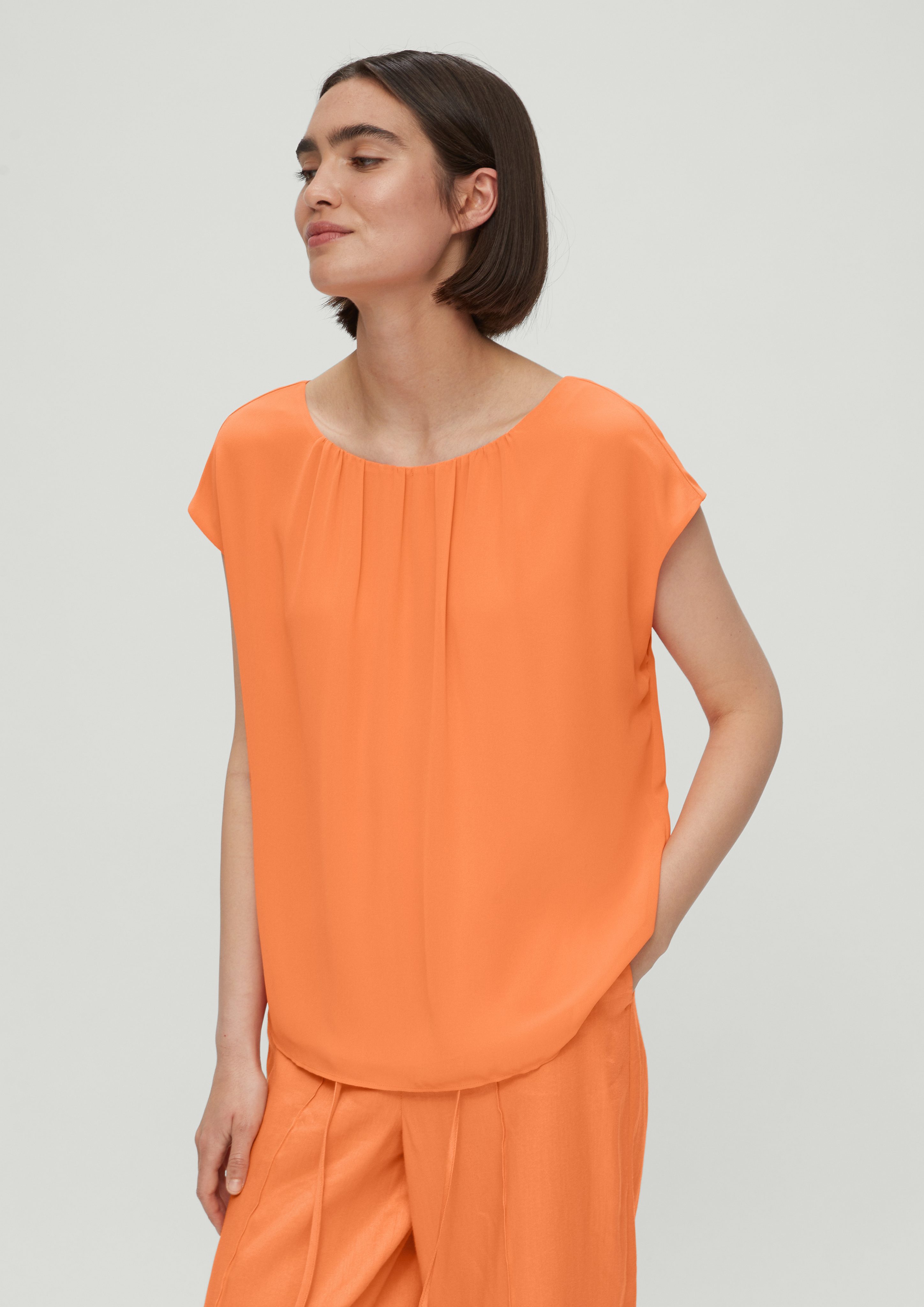 Kurzarmbluse Chiffon-Bluse mit Raffung