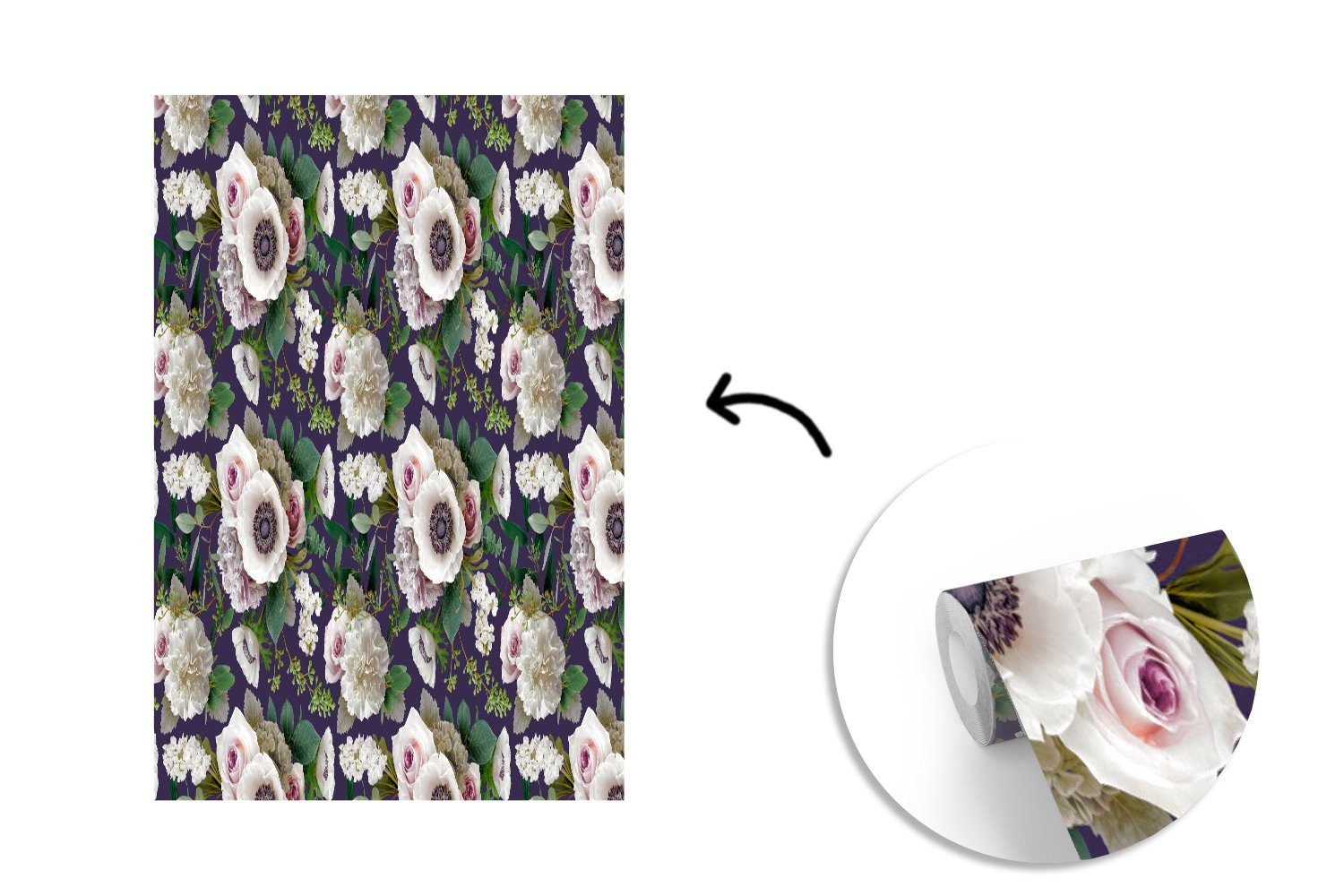 MuchoWow Fototapete Blumen - Anemone Matt, Tapete - bedruckt, für Muster Vinyl St), Wohnzimmer, Wandtapete - (3 Farben, Montagefertig