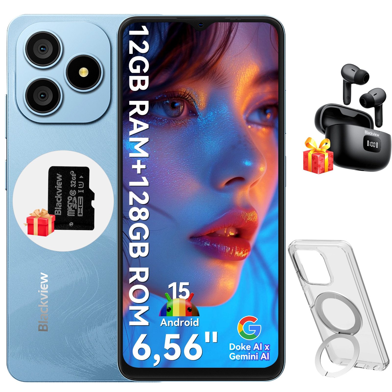 blackview WAVE 9C AI incl. Airbuds 8 Smartphone (6.56 Zoll, 128 GB Speicherplatz, 13 MP Kamera, 13MP, Android 15, fingerprint, OTG)