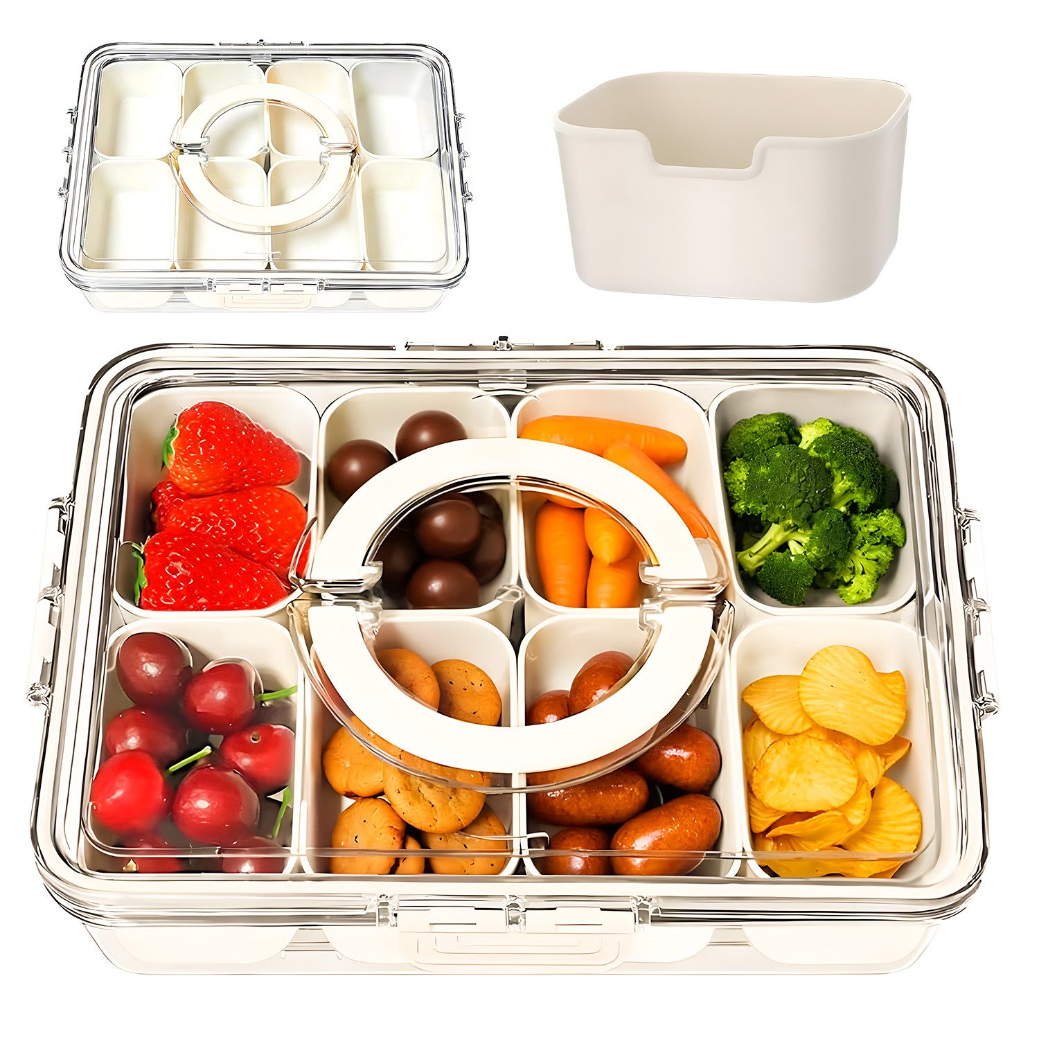 HEYHIPPO Frischhaltedose Snackbox 8 Fächer mit Deckel & Griff – 28×21×6,5 cm, für Obst & Nüsse, (Packung, Lebensmittelbehälter – versiegelter Snackcontainer, fü – Bild 3 von 5