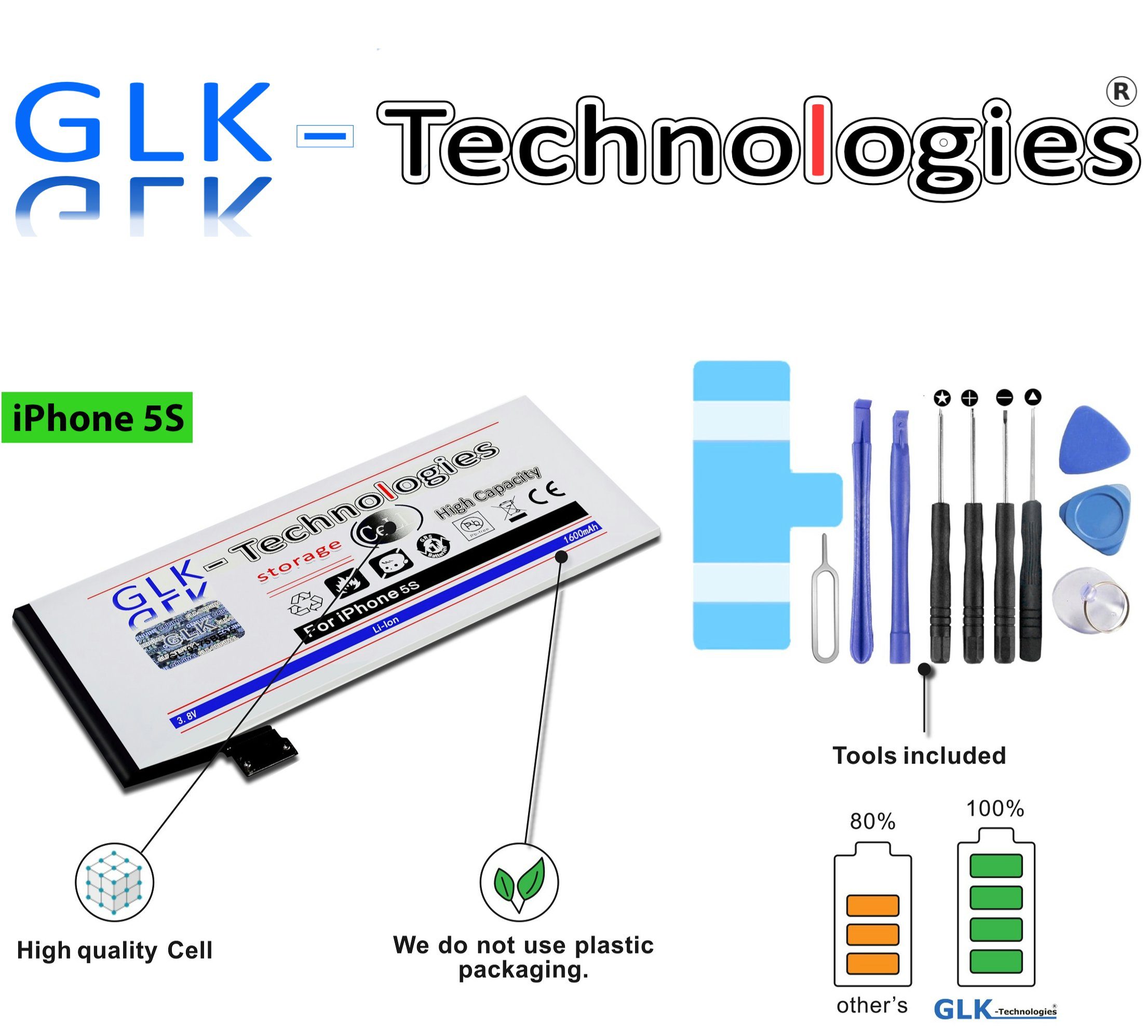 1600 mit mAh Ersatz Power Smartphone-Akku V) High Akku GLK-Technologies iPhone kompatibel (3,8 5S