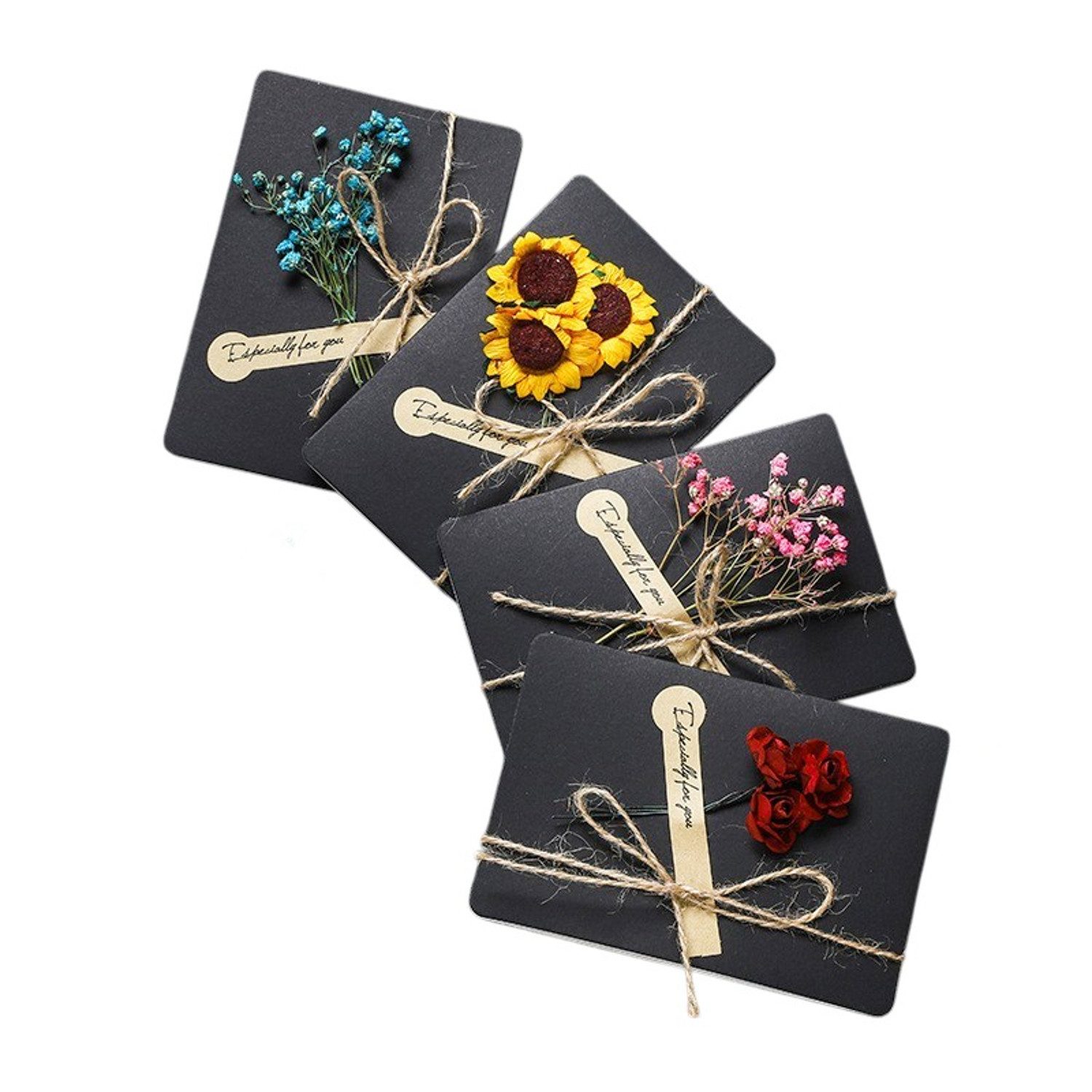 KARMA Glückwunschkarte 4er Set Schwarz mit echten Trockenblumen, Grußkarten 12 cm Karten mit Blumen & Juteband