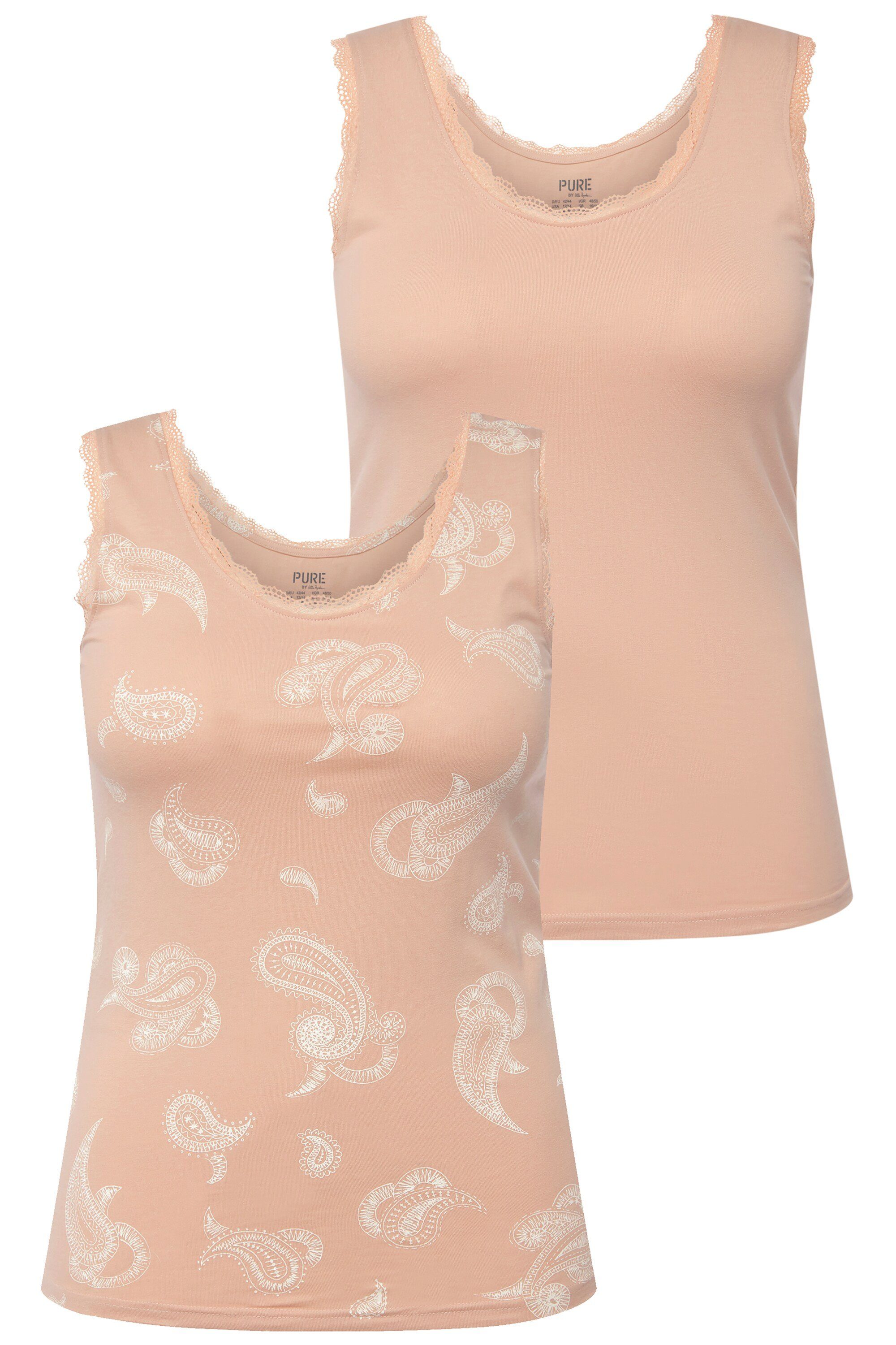 Ulla Popken Unterhemd Tanktops 2er-Pack Paisley Spitze Rundhals ärmellos beige