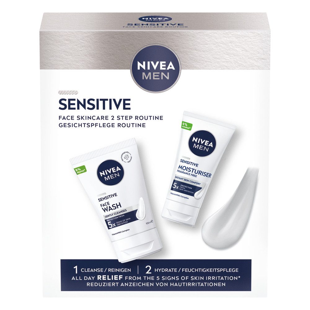Nivea Men Gesichtspflege-Set Sensitive Gesichtspflege Set Waschgel 100 ml + Gesichtscreme 50 ml Set, 2-tlg., 5-facher Schutzeffekt vor Hautirritationen