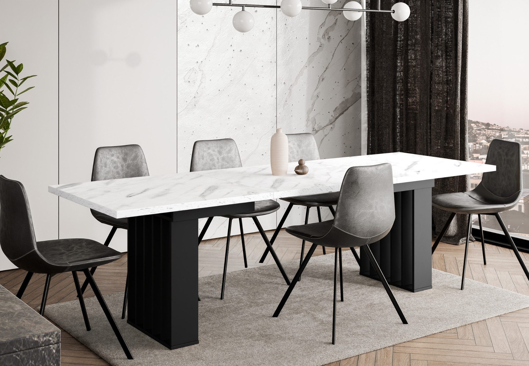 Home Collective Esstisch ausziehbar Tisch Küchentisch Esszimmertisch Ausziehtisch (160-240 x 80 cm Esszimmer Küche Wohnzimmer Esstisch erweiterbar), Säulengestell in Lamellen-Optik, Weiß Marmor-Optik, schwarze Beine