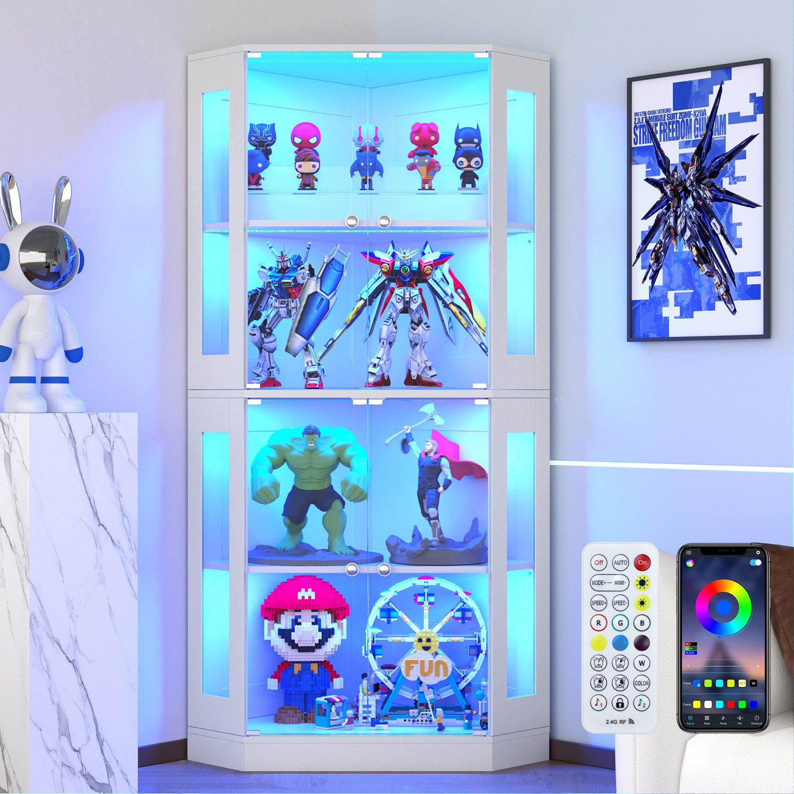 VOWNER Eckschrank Eckdisplay-Schrank mit Glastüren, 165 cm Beleuchtete Vitrine (1-St) 4-etagiges Regal mit Bewegungssensor, 3 Farblichtern