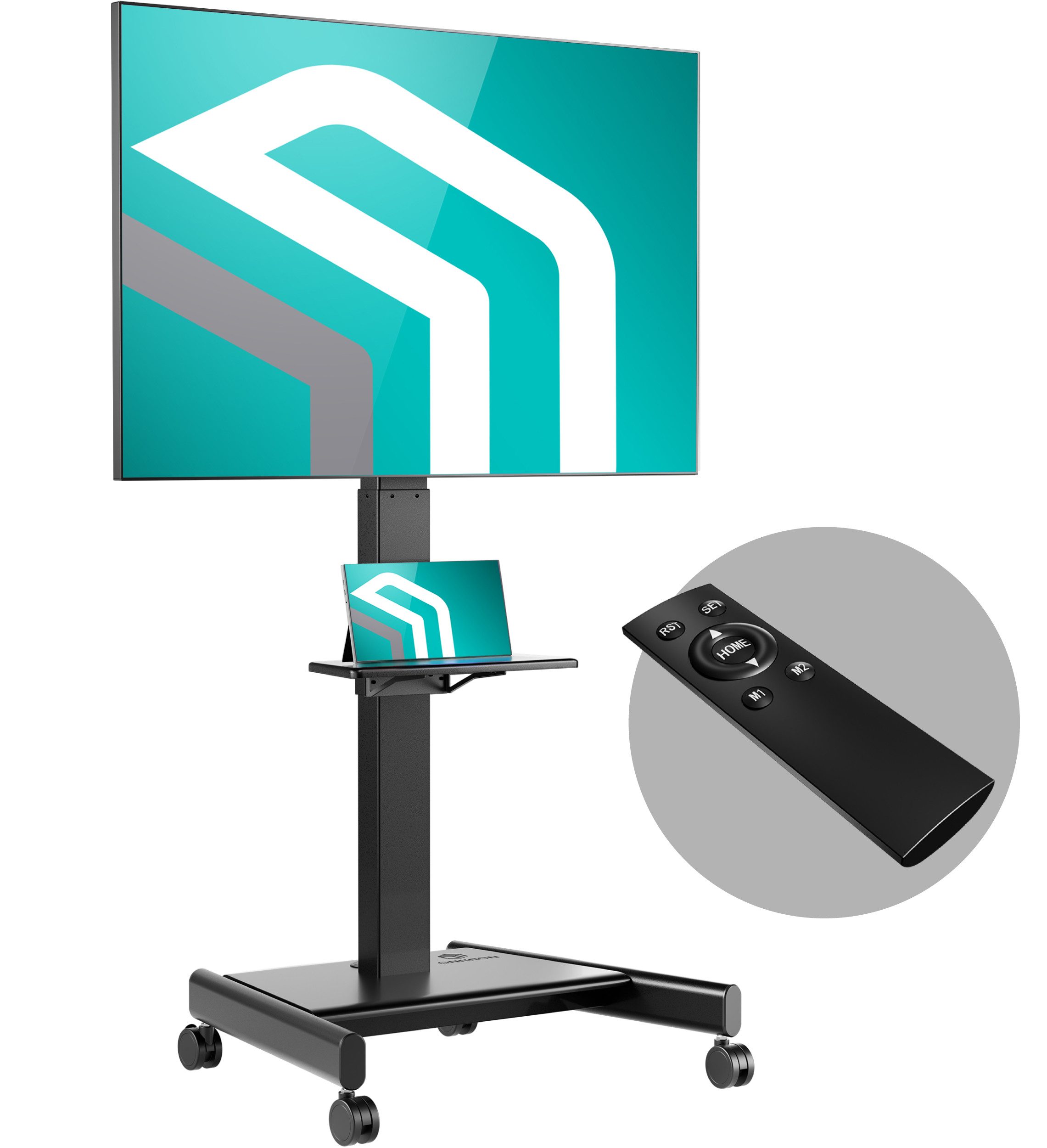 ONKRON TV-Ständer 43-75 Zoll, bis 70 kg, VESA 100x100-600x400, TS1552E-B, (bis 75 Zoll, elektrisch höhenverstellbar, rollbar, mit Ablage, Kabelmanagement)