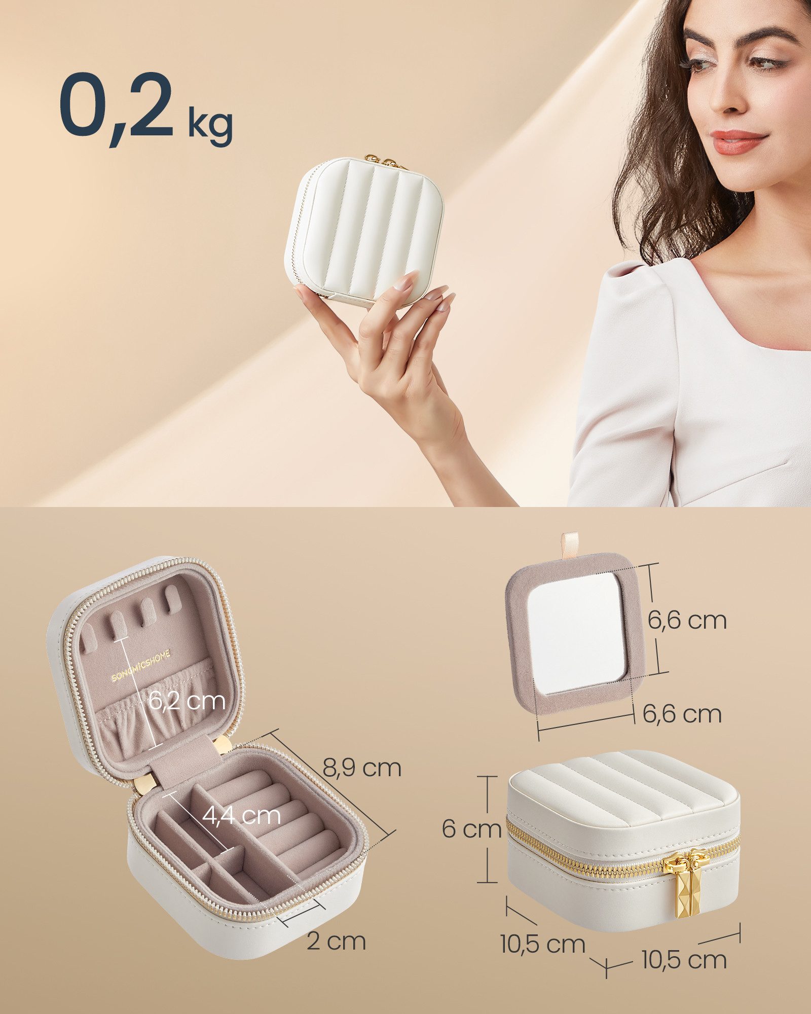 SONGMICS HOME Schmuckkasten Reise, Schmuckbox klein, PU mit Nähten, Reißverschluss, Geschenkidee – Bild 5 von 5