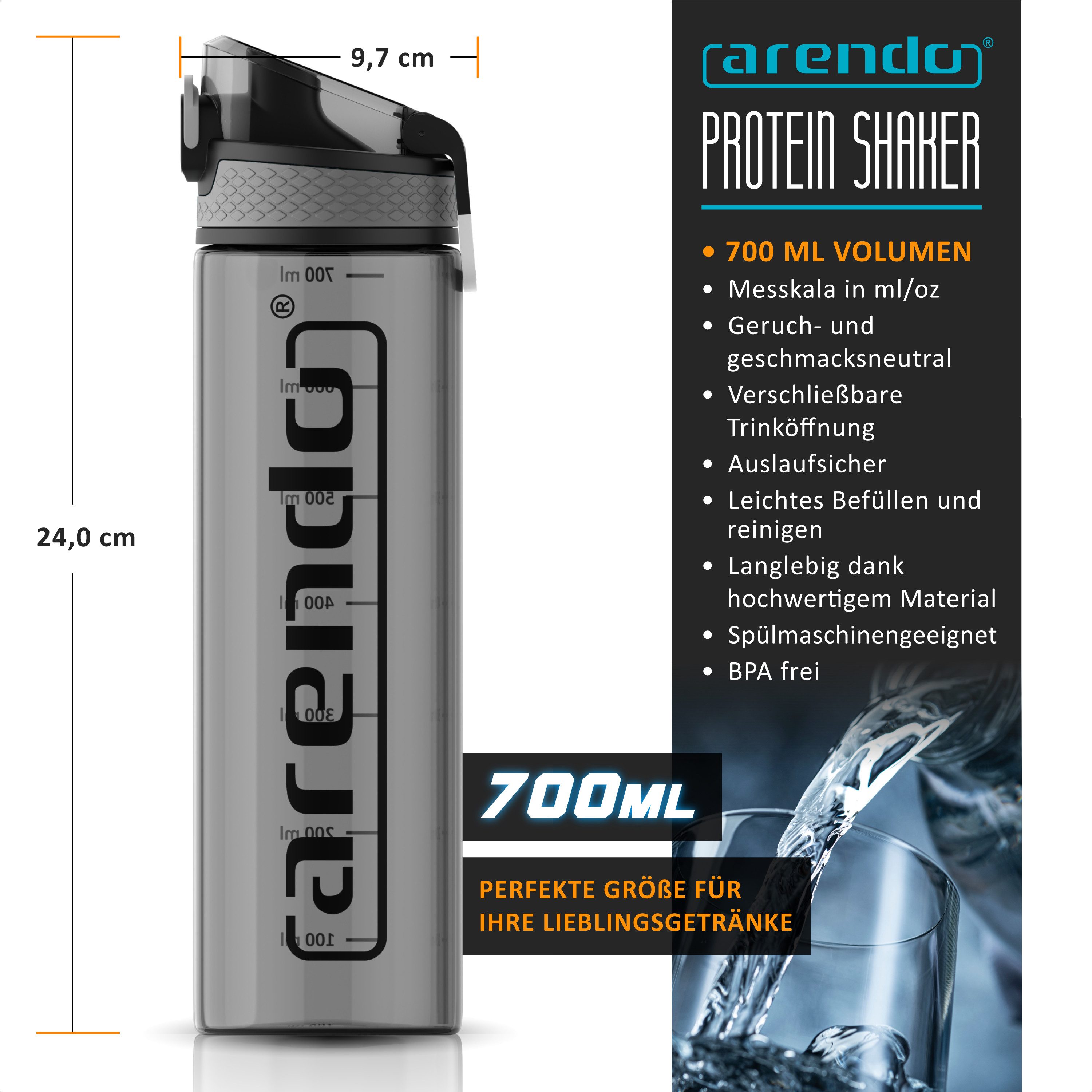 Arendo Trinkflasche Sport Wasserflasche 700 ml, verschließbar, spülmaschinengeeignet, BPA-frei, auslaufsicher, One-Click-Verschluss, Mengenskala, Flasche