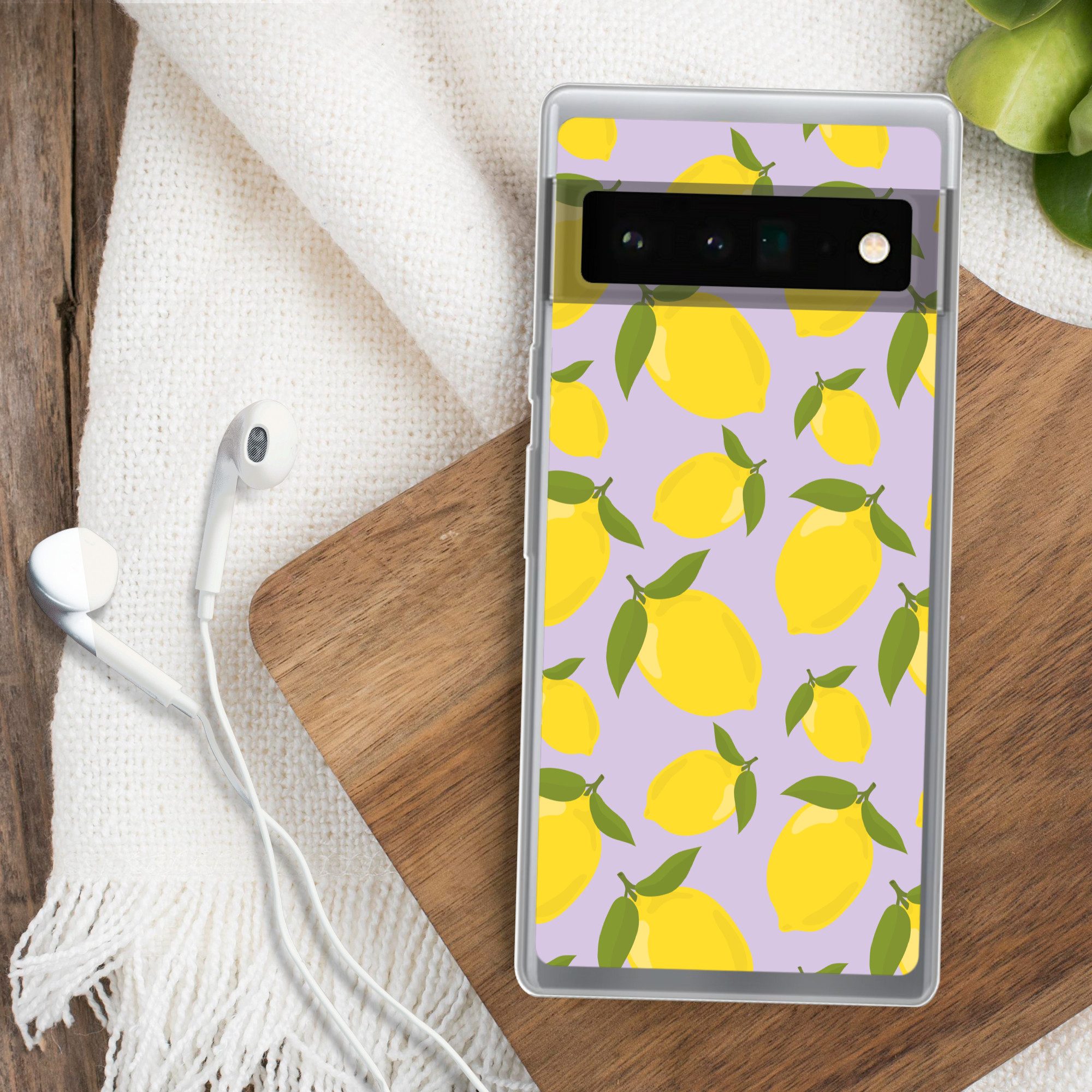 MuchoWow Handyhülle für Google Pixel 6 Pro Muster Zitronen - Gelb - Lila - Muster - Frücht, Handy Case, Silikon, Bumper Case Dünn