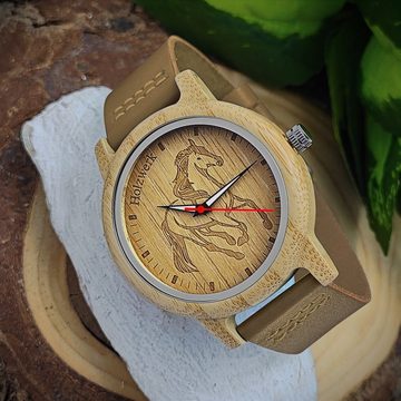 Holzwerk Quarzuhr TORI BROWN Damen Leder & Holz Uhr mit Pferd Motiv in braun, beige