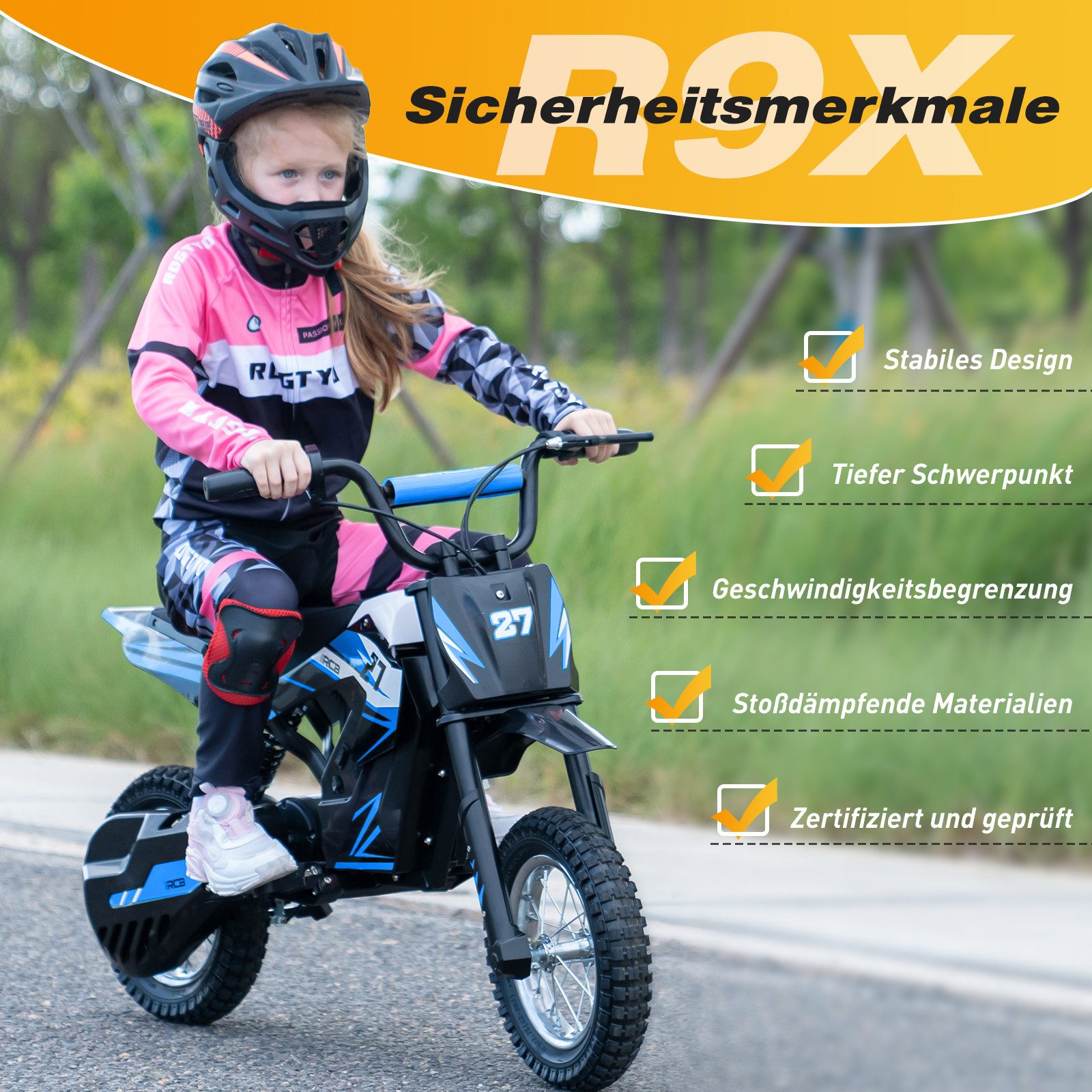 RCB Elektro-Kindermotorrad R9X,3 Geschwindigkeitsmodus,Max 25km/h,Reichweite 15 km, 12"Luftreifen, Belastbarkeit 65 kg, 8km/h, 12km/h, 25km/h