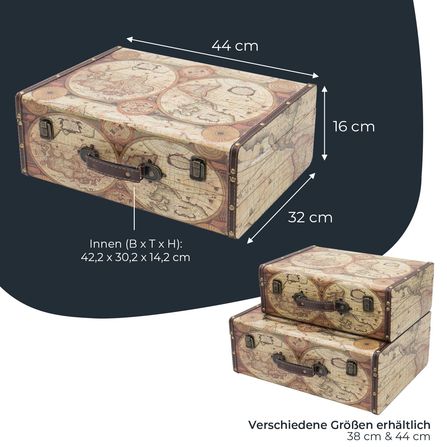 HMF Aufbewahrungsbox Vintage Koffer Holz, Aufbewahrungsbox mit Deckel und Ledergriff als, Geschenkidee für Hochzeit oder Geburtstag, Weltkarte, 44 x 32 x 16 cm – Bild 5 von 5