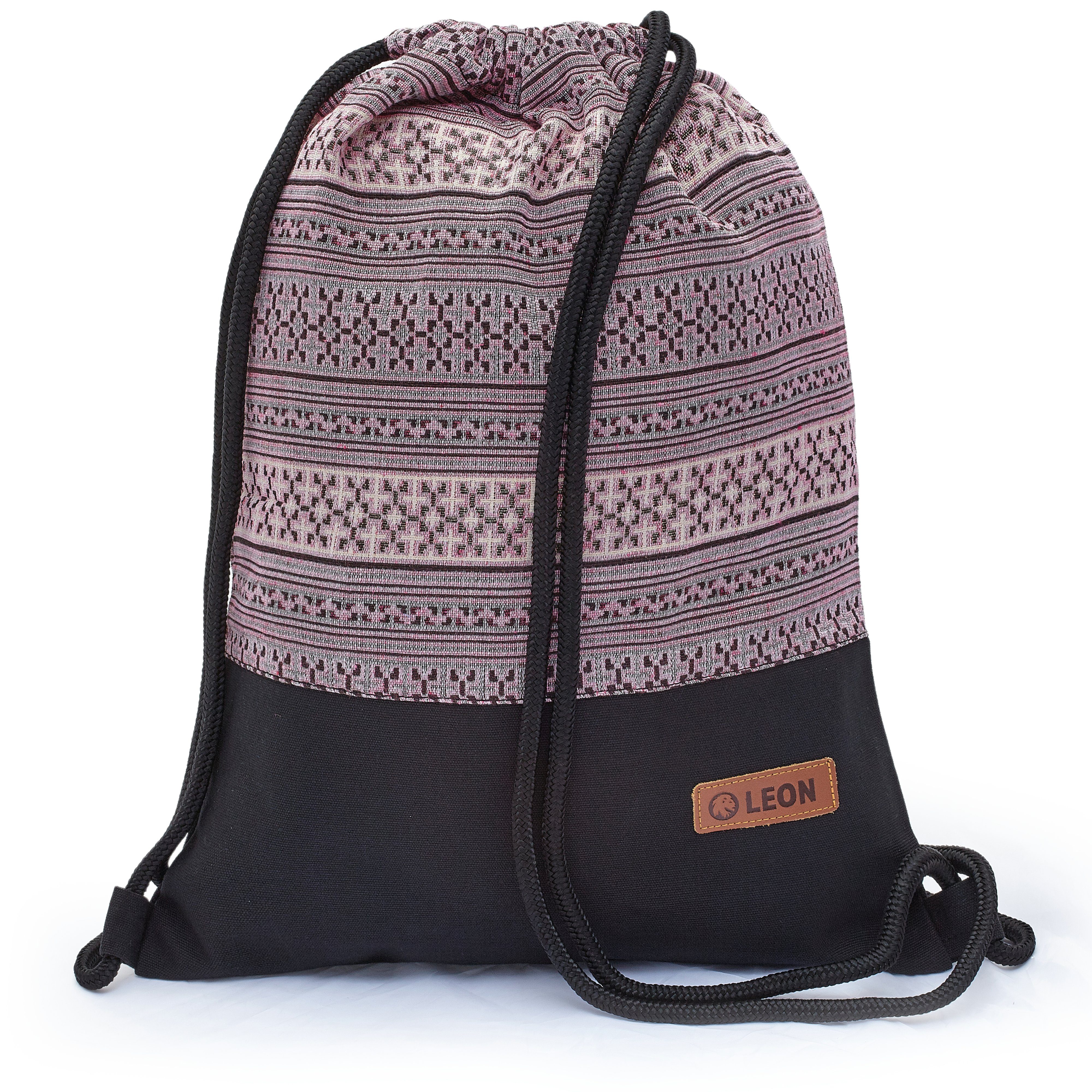 By Bers Freizeitrucksack Leon By Bers Turnbeutel (Tagesrucksack für Strand Sport Festival Freizeit Alltag Einkauf aus Baumwolle Innentasche Schlüsselband), robuste hochwertige Baumwolle - bestens verarbeitet BOHO_schwarz004