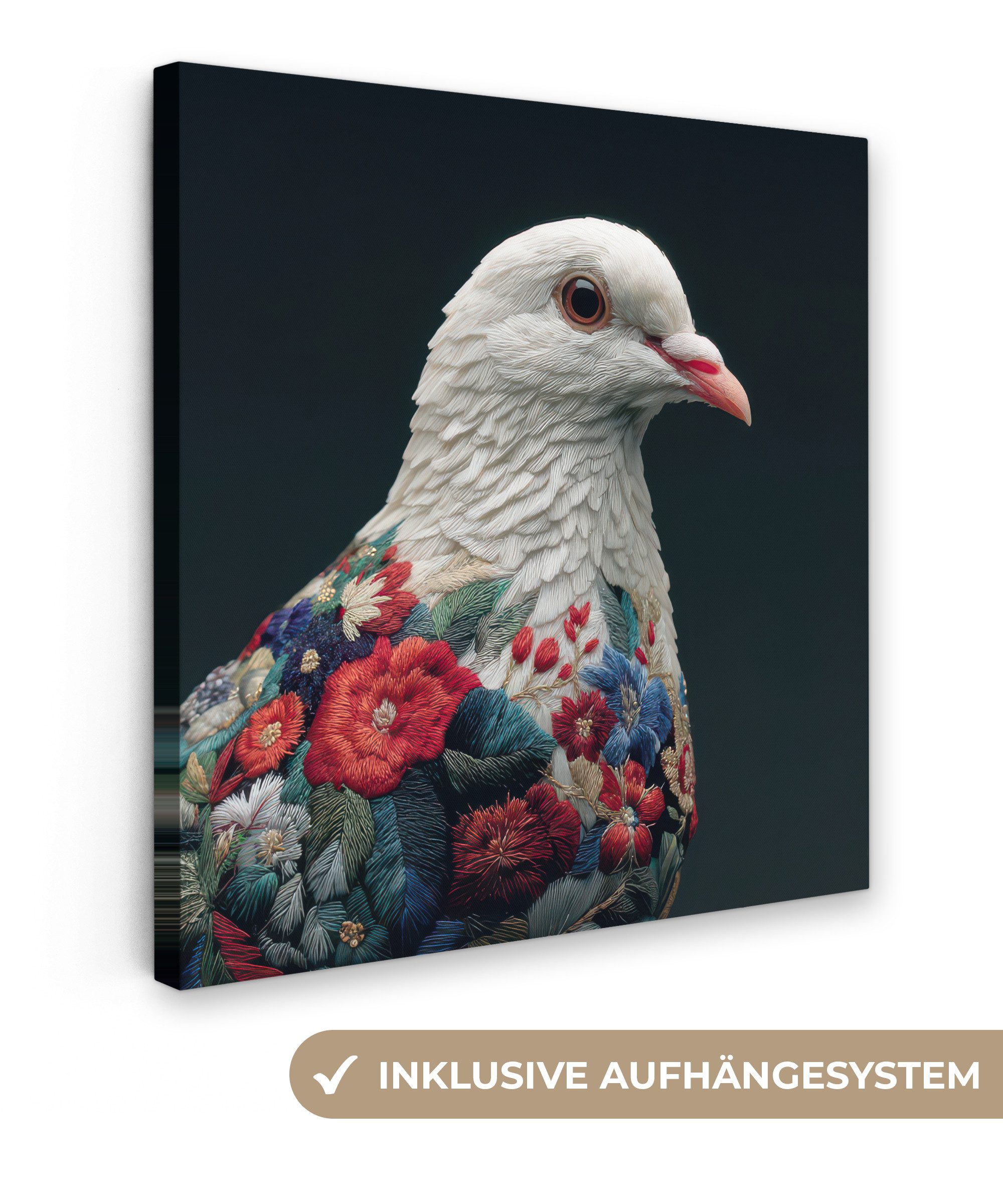 OneMillionCanvasses® Leinwandbild Taube - Blumen - Weiß - Schwarz, Fotodruck (1 St), Wandbild, Deko Schlafzimmer Wohnzimmer Flur 20x20 cm