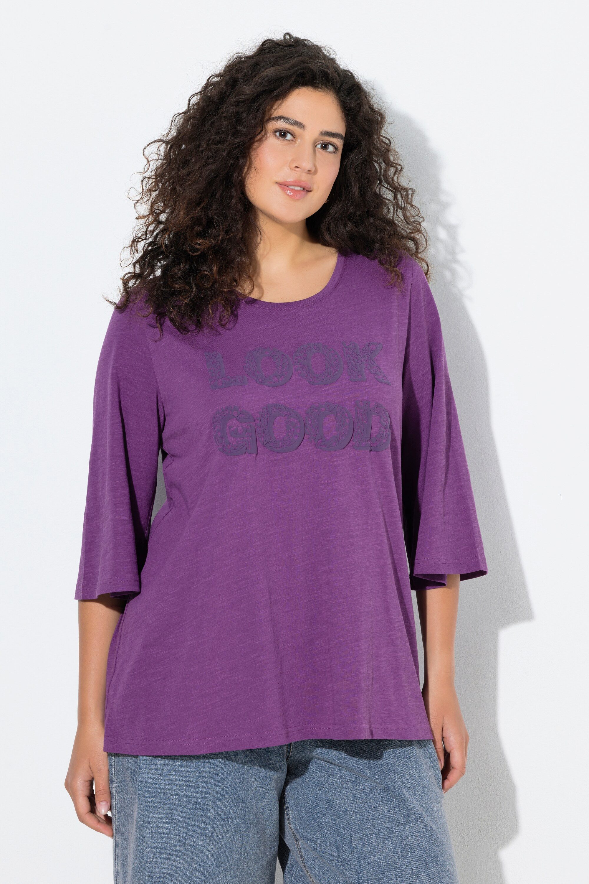 Ulla Popken T-Shirt Shirt Look Good A-Linie Rundhals 3/4-Glockenärmel günstig online kaufen
