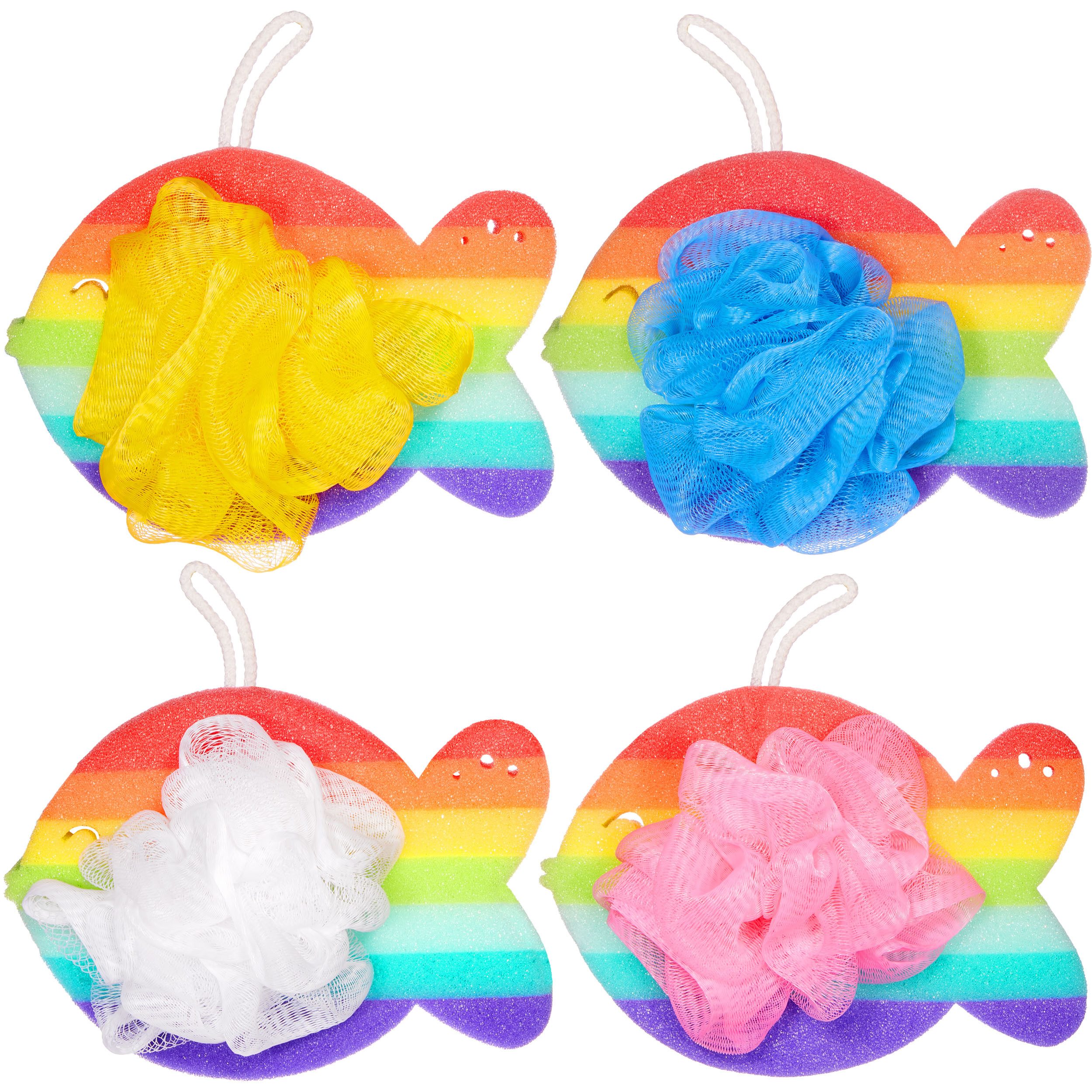 BRUBAKER Duschschwamm Badeschwamm Set Regenbogen Fisch - 25 g Badeknäuel Seifschwamm, 4-tlg., Körperreinigungsschwamm für Kinder und Erwachsene inkl. Geschenkbox