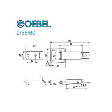 GOEBEL GmbH Kastenriegelschloss 5544512256, (400 x Spannverschluss 2 / 55 / 60 Standard Kappenschloss, 400-tlg., Kistenverschluss - Kofferverschluss - Hebel Verschluss), gewölbter Grundtplatte inkl. Gegenhaken Edelstahl A2 (V2A)