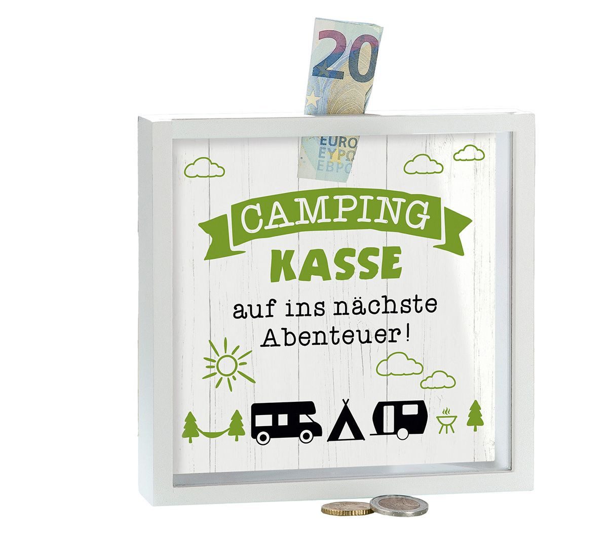 GILDE Spardose Weiße Spardose aus Holz: "Camping Kasse - auf ins nächste Abenteuer!", (1-tlg)