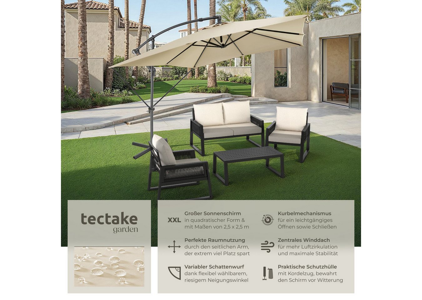 Thumbnail - tectake Ampelschirm Sonnenschirm, geeignetes Set für Terrasse oder Garten, Parasol inkl. Windsicherung und Schutzhülle, ...