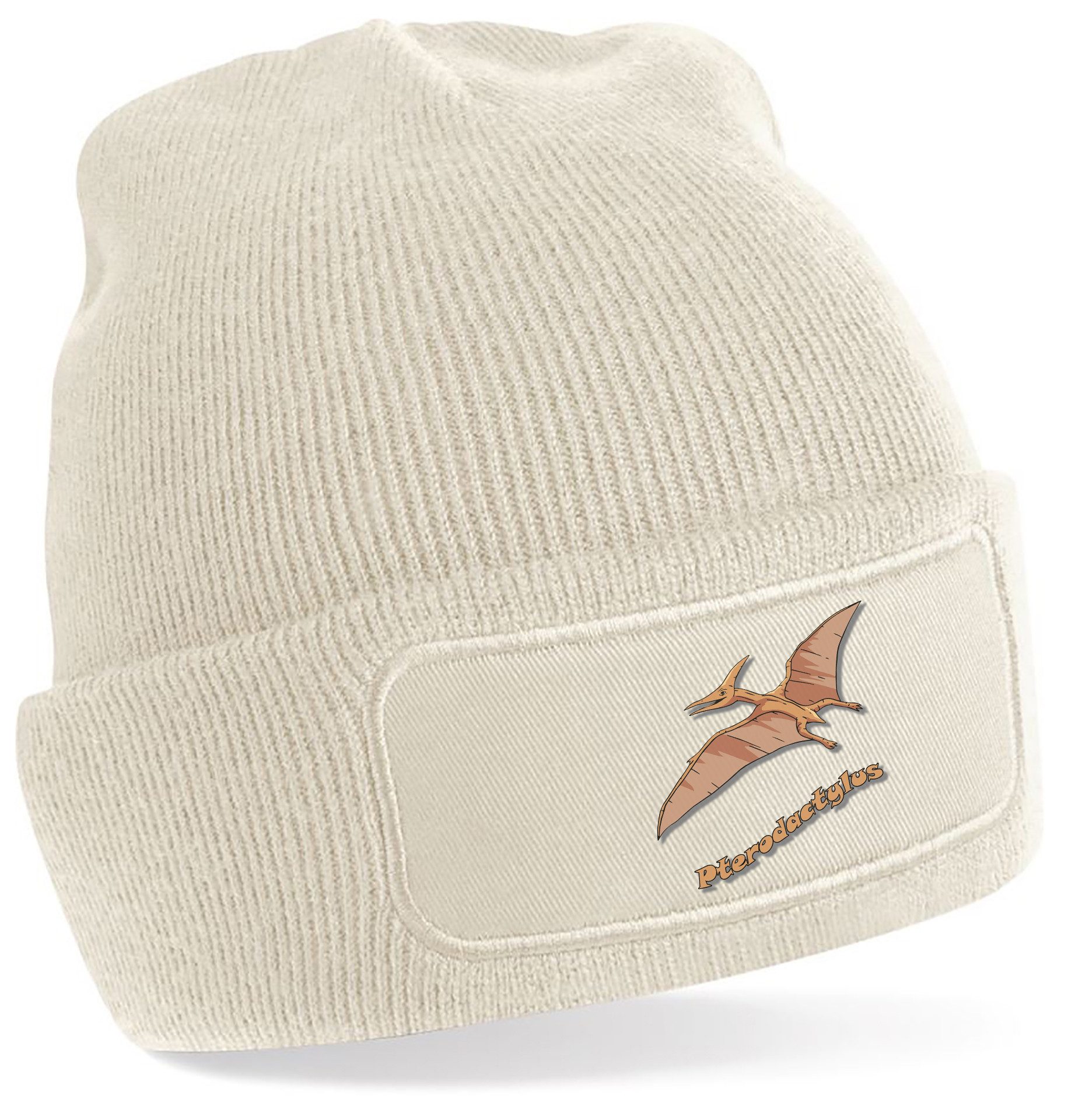 Strickmütze für kalte Tage - Beanie mit Umschlag und Flugsaurier Print