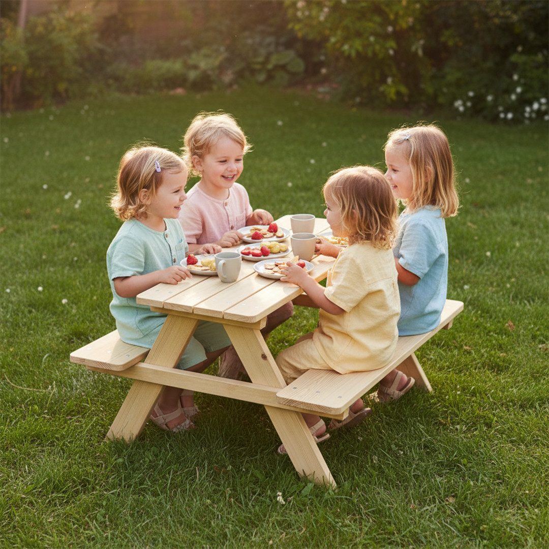 Bellabino Kindersitzgruppe Inny Outdoor-Bank aus Holz, (Tisch und Bänke, Sitzgruppe), für 4 Personen, unbehandelt, Kindermöbelset aus Kiefer Massivholz