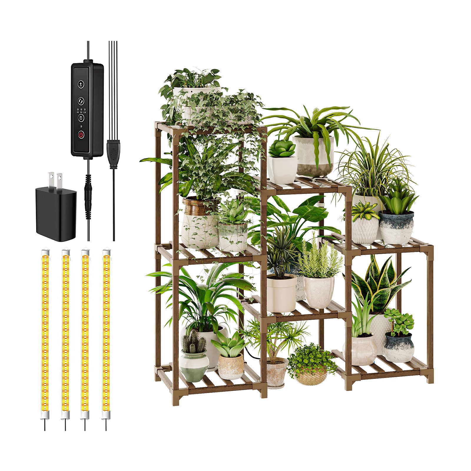 Bamworld Blumenständer Pflanzenständer mit Pflanzenlampe, Holzregal mit Warmlicht (1 St), 3 Ebenen, platzsparend, ideal für kleine Räume – Bild 3 von 5
