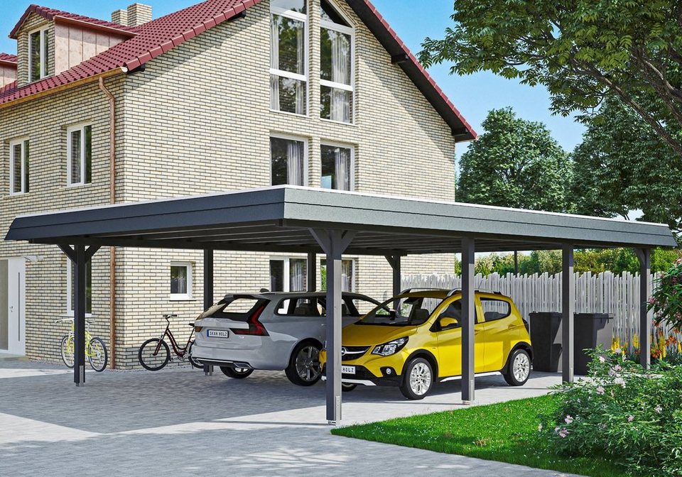 Skanholz Doppelcarport Wendland, BxT: 630x879 cm, 216 cm Einfahrtshöhe,  Flachdach-Carport, Dachschalung mit EPDM-Folie