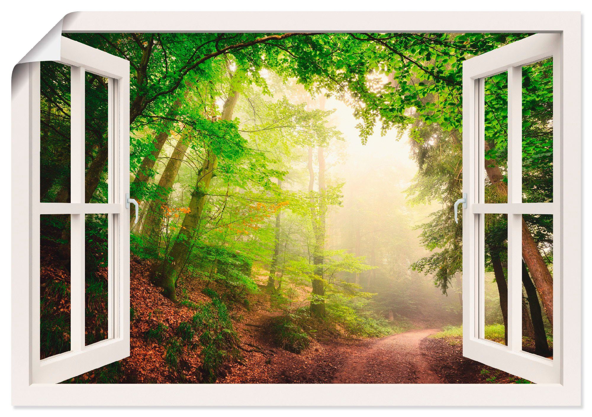 Artland Wandbild Fensterblick als Wandaufkleber Poster durch oder Leinwandbild, Torbögen & Größen Bäume, Wald Alubild, (1 St), Größen, in Verschiedene Produktarten versch