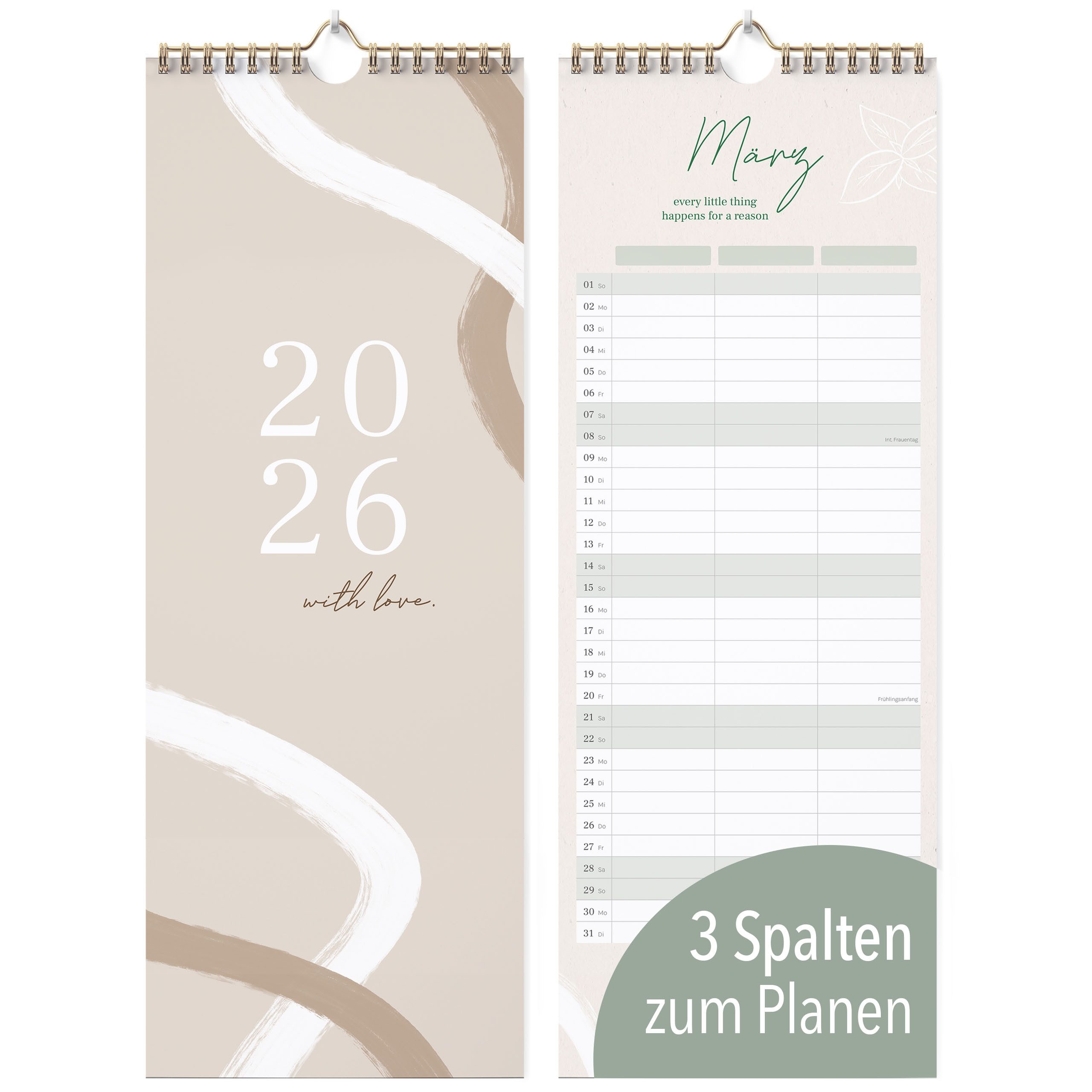 mintkind Wandkalender Monatskalender 2026 mt Ringbindung - 3 Spalten