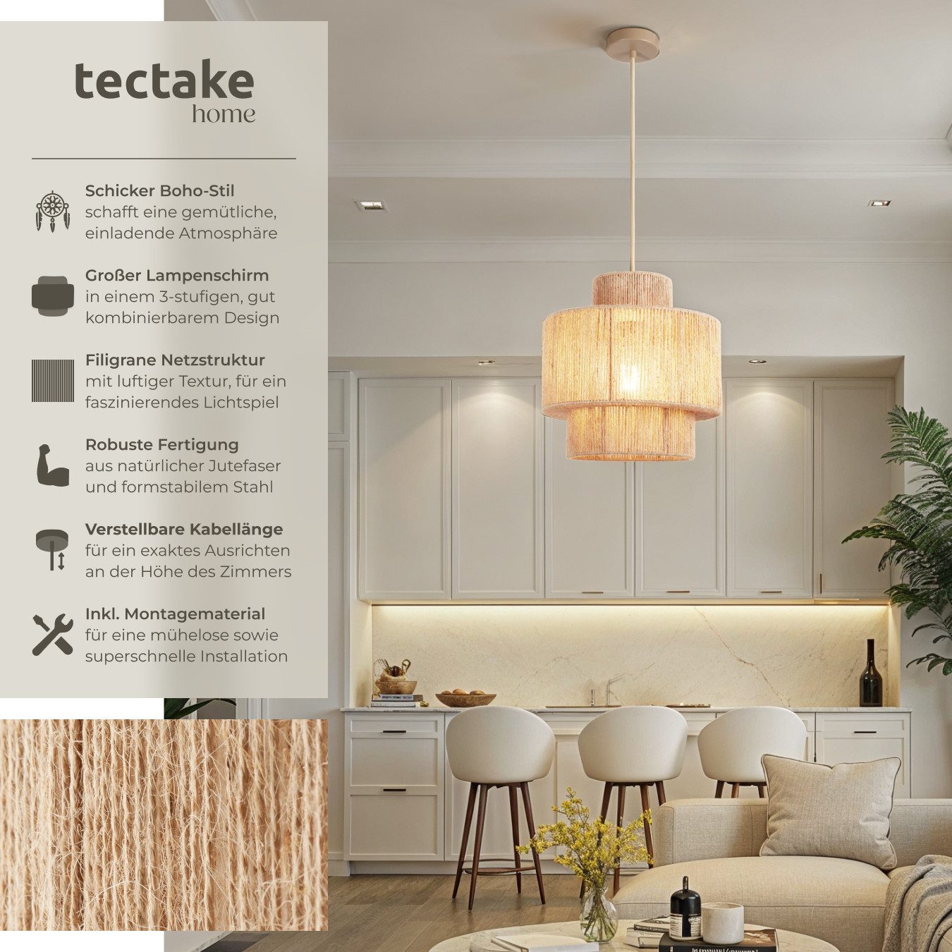 tectake Deckenleuchten Pendelleuchte Allegra aus Jute im Boho-Stil, 40W, Ch günstig online kaufen