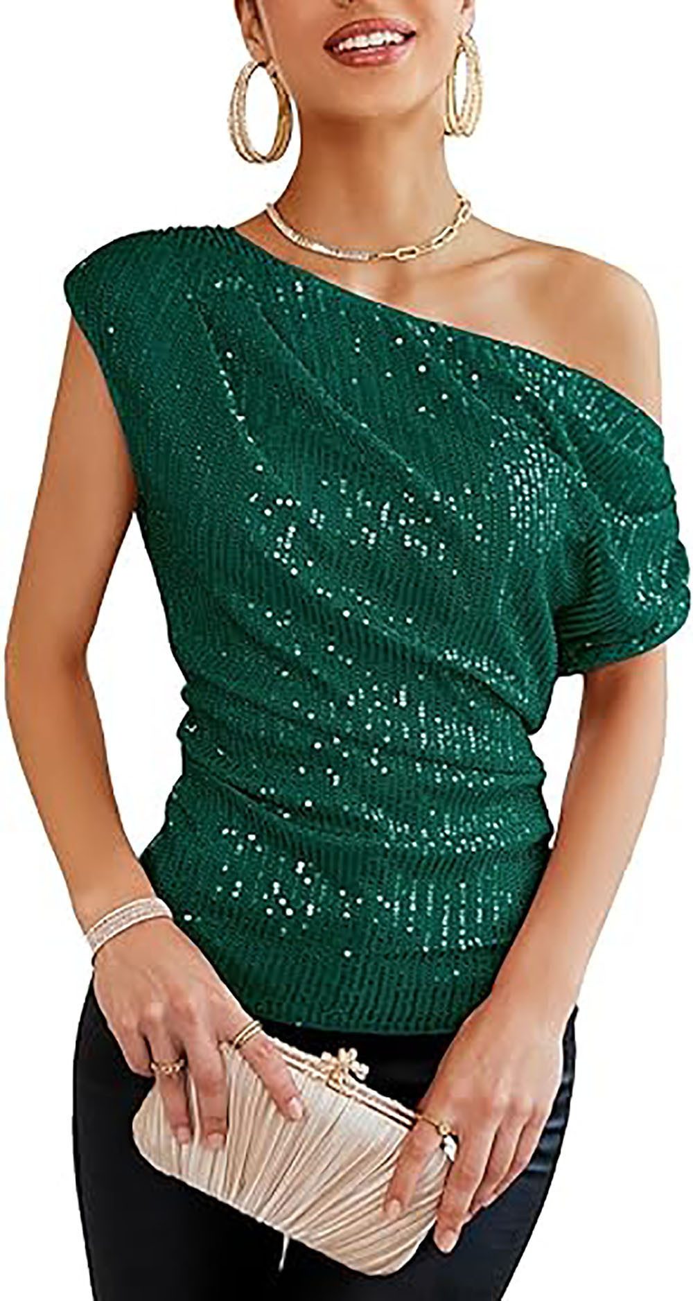 BlauWave Kurzarmbluse One-Shoulder-Pailletten-Glitzer-Tops für Damen gerüschte (1-tlg., schlankmachende, glitzernde Party-Shirts) asymmetrische Glitzer-Tops