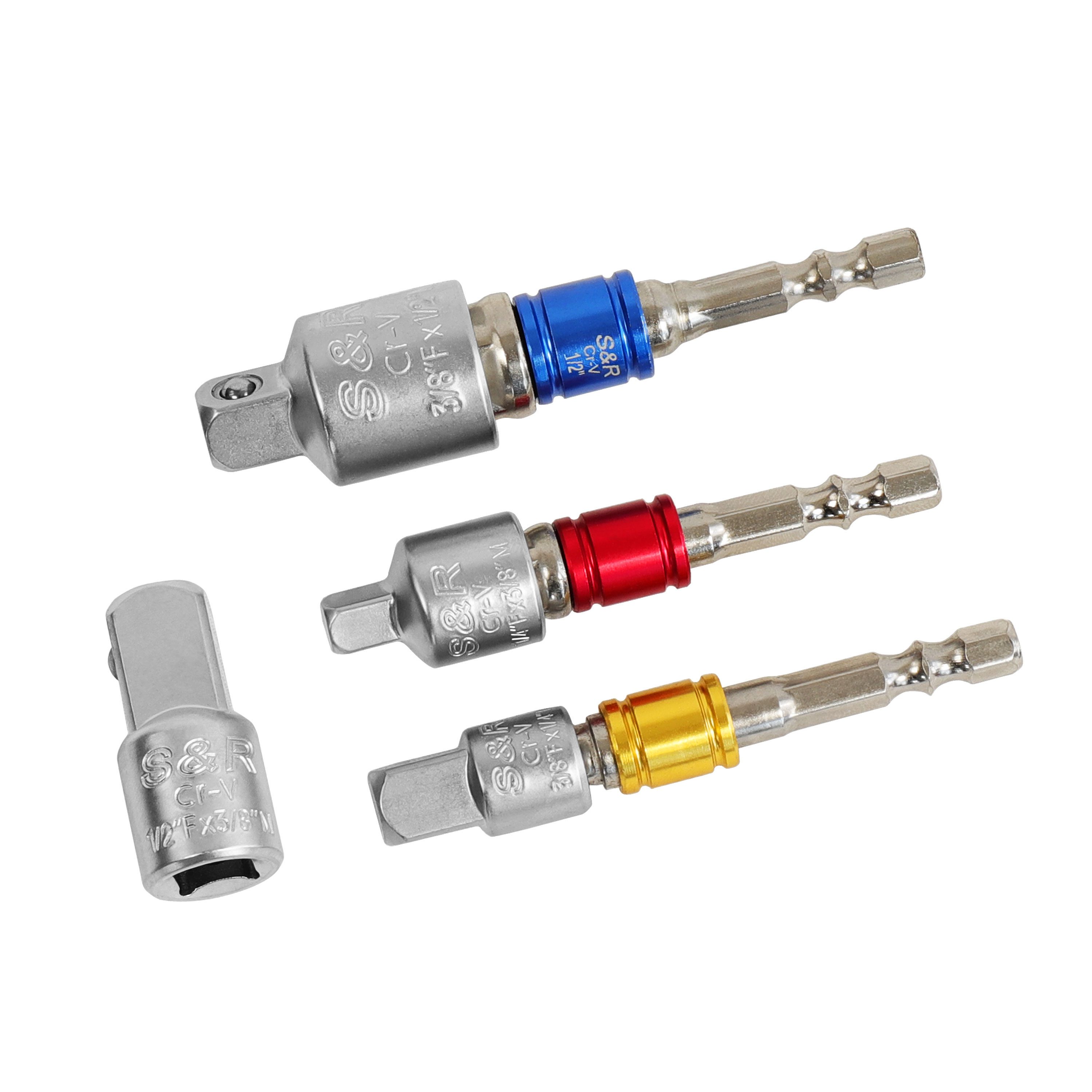 S&R Stecknüsse Stecknuss-Adapter Set, für Bohrmaschine, Akkuschrauber, Bithalter, Set, 3x 1/4" Sechskant-Adapter für 1/4"-, 1/2"-, 3/8" + 4 Stecknüsse, aus Chrom-Vanadium-Stahl für den beruflichen Dauereinsatz