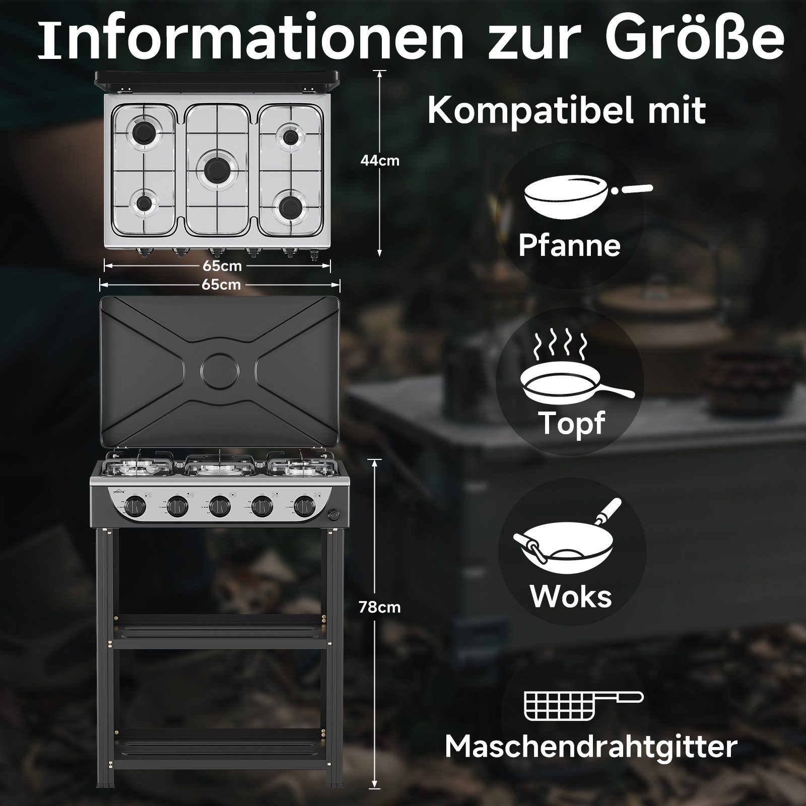 HOMELUX Gaskocher Campingkocher, 3/4/5 Flammig Gasherd Kochfeld, Campingkocher mit 1,5M Anschlussschlauch und Druckminderer 50 mbar