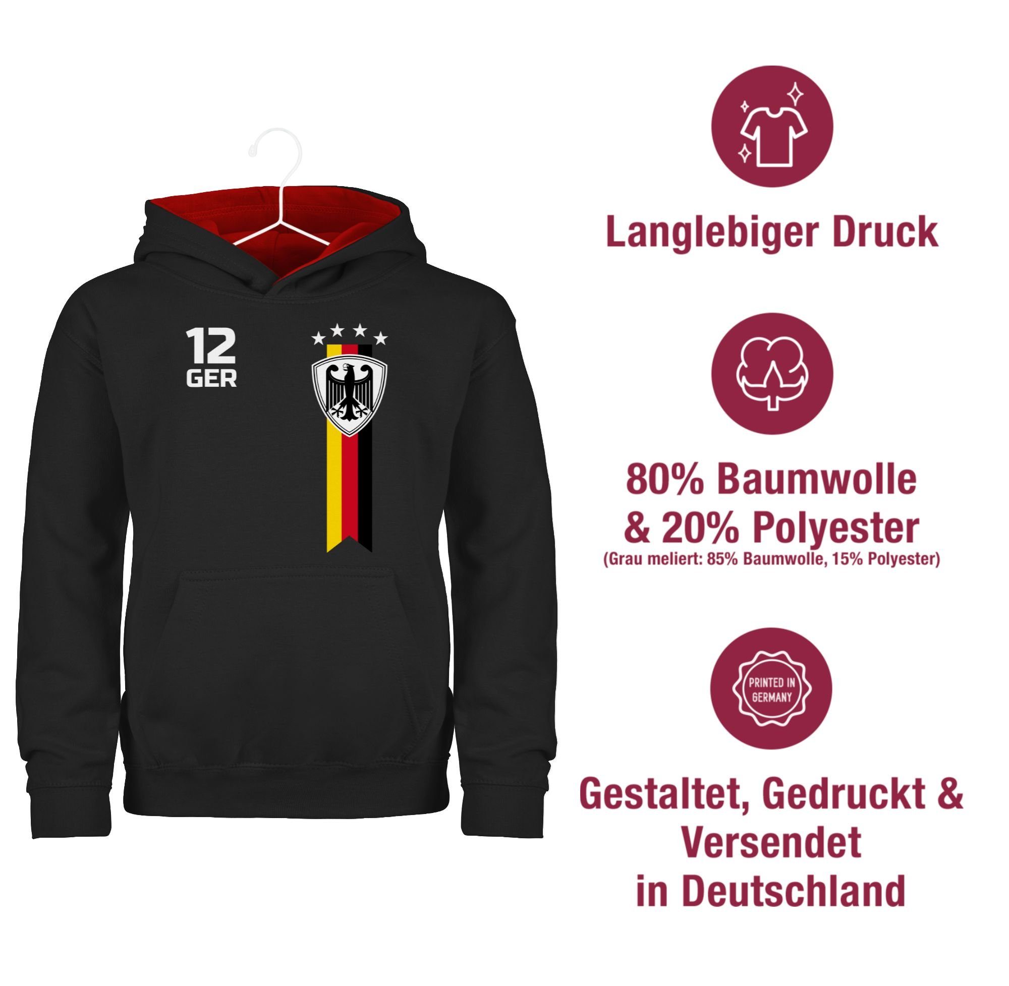 EM Shirtracer WM Kinder 2024 Deutschland 1 Hoodie Schwarz/Rot Fussball Fan