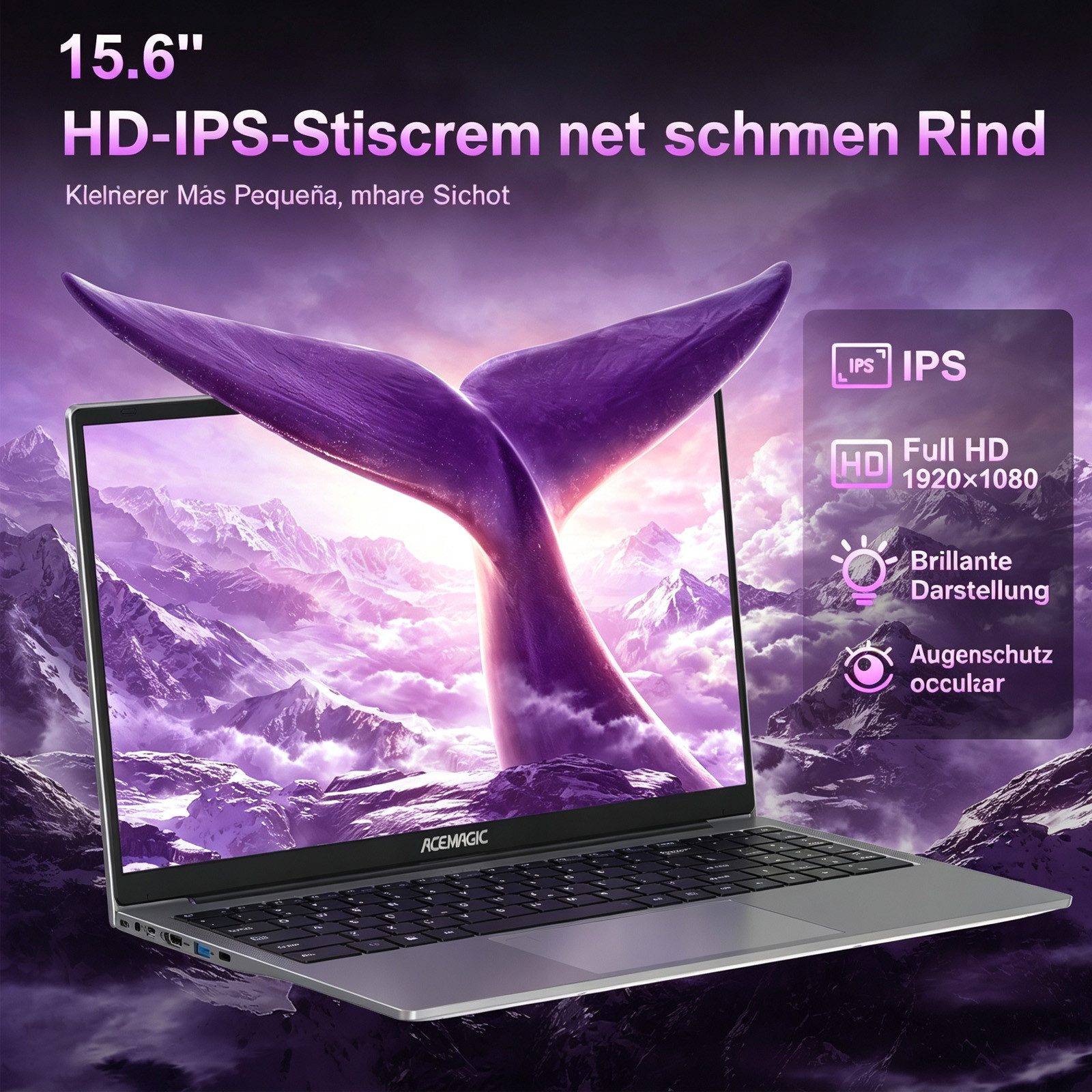 ACEMAGIC 15,6 Zoll Laptop AMD Ryzen 7, 16GB LPDDR4, 512GB SSD, Windows 11 Pro Notebook (39,6 cm/15.6 Zoll, AMD AMD Ryzen™ 7 7730U AMD Ryzen 7 7730U, AMD Radeon Graphics, 16 GB, 512 GB SSD, 8C / 16T, WiFi 6, RJ45, HDMI, 180° Drehung / Deutscher Tastaturfol