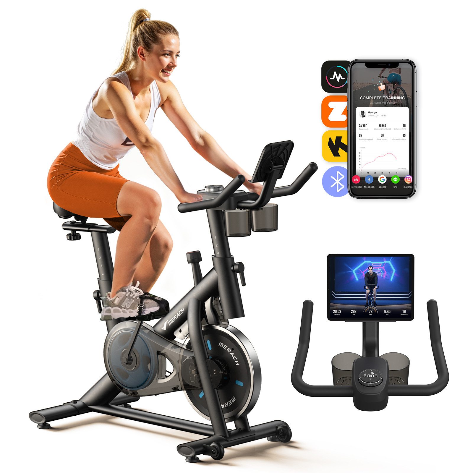 MERACH Fitnessbike Heimtrainer Fahhrad für Zuhause, leises Fitnessbike mit LED-Monitor, (Fahrradtrainer mit Tablet-Halter, Bluetooth und App-Funktion, Stationäres Fahrrad mit verstellbare Sitz, Wasserflasche-Halter), bequemer und leiser, Verstellbarer Widerstand, bis 122 KG belastbar