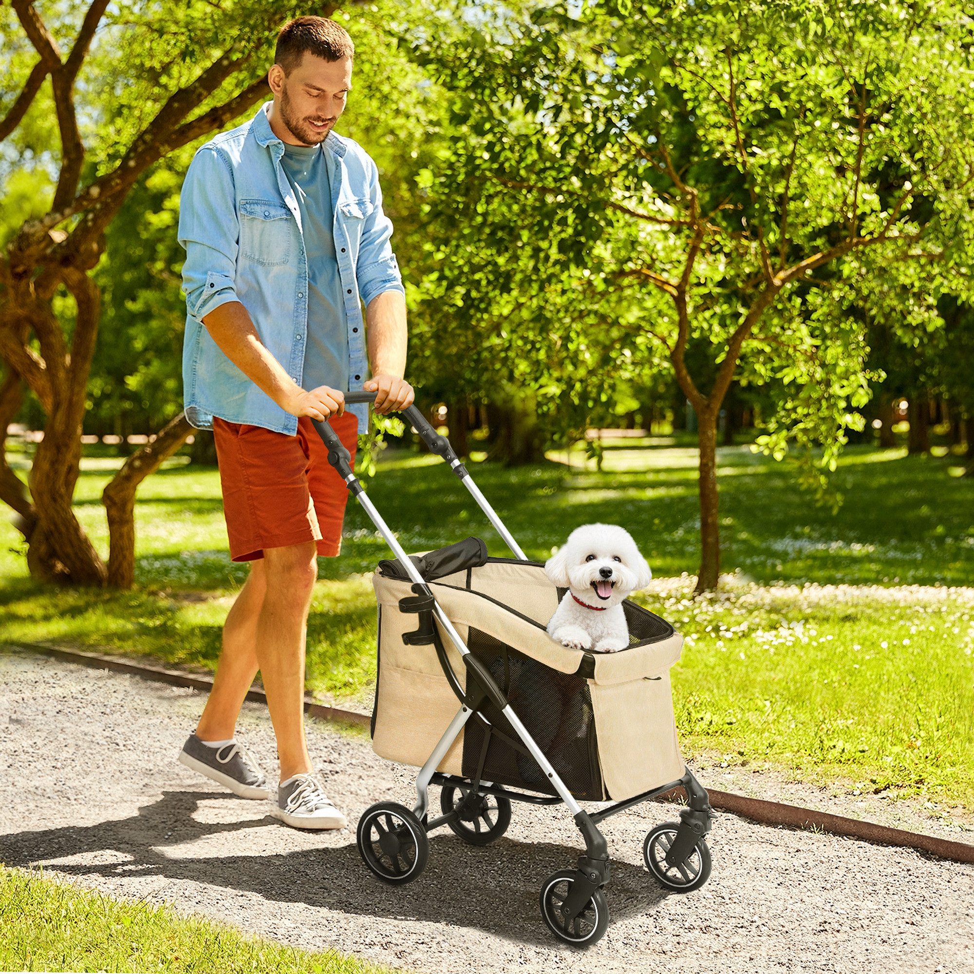 PawHut Hundebuggy klappbar, für Hunde bis 10 kg, mit Kissen, Netzfenstern, Türen, (Hundewagen, 1-tlg), Aufbewahrungskorb, Katzenwagen, Buggy, Khaki