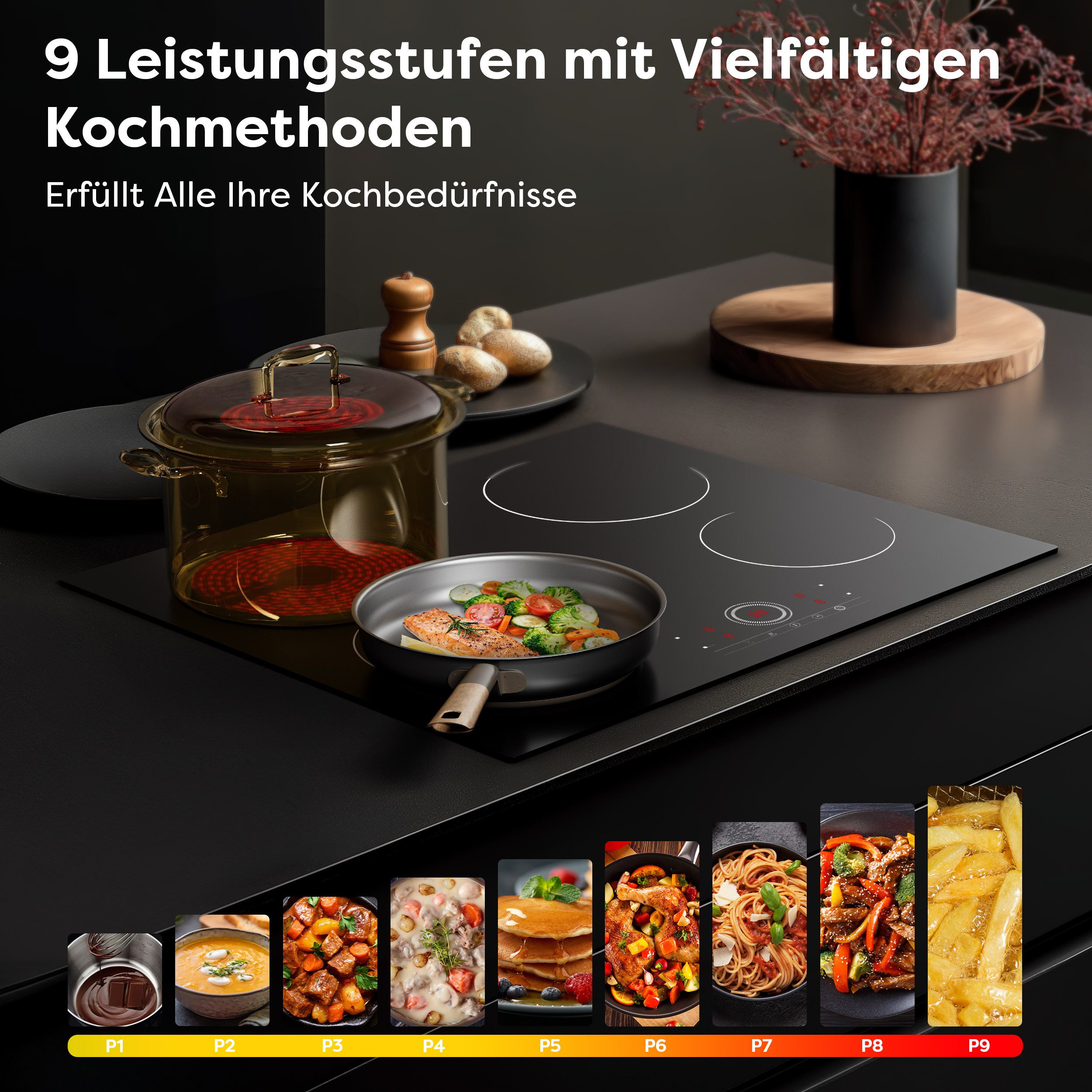 CDV Elektro-Kochfeld 59 cm Einbau Cerankochfeld CDVER604, Touch Control Einbau 4 Zonen Ceran-Kochfeld 9 Stufen mit Timer 6000 W