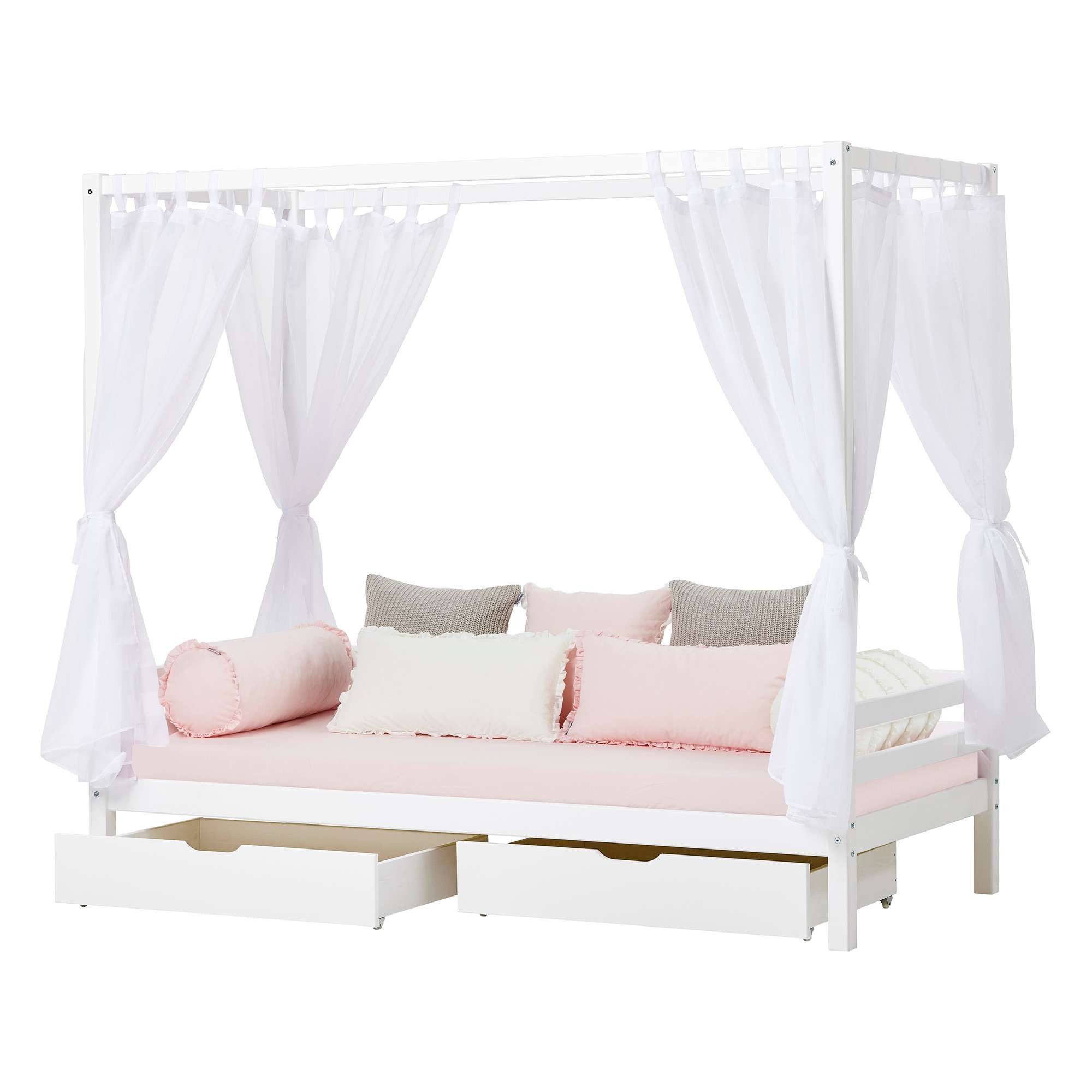 Hoppekids Himmelbett ECO Dream Kinder/ Prinzessinnenbett 90x200cm, H= 182 cm, Kiefer massiv, wahlweise mit Gästebett oder Schubkästen